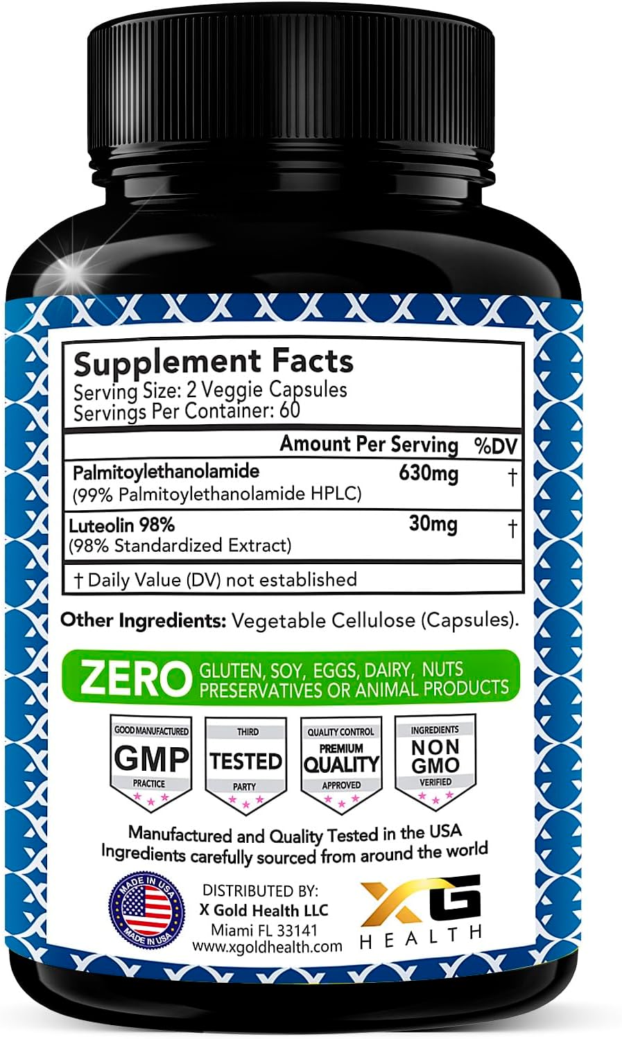 Palmitoylethanolamide + Luteolin Supplement 630mg - 98% Standardized - 99% Micronized Pea - USA Made - 120 Capsules
