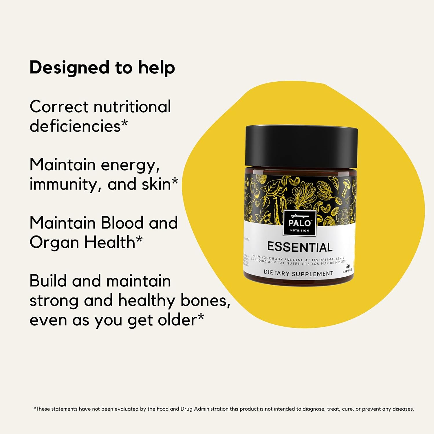 PALO Essential+ Adult One Daily Ritual Multivitamin with Vitamins D3, K2, B12, E, Folate, Minerals - 60 Capsules