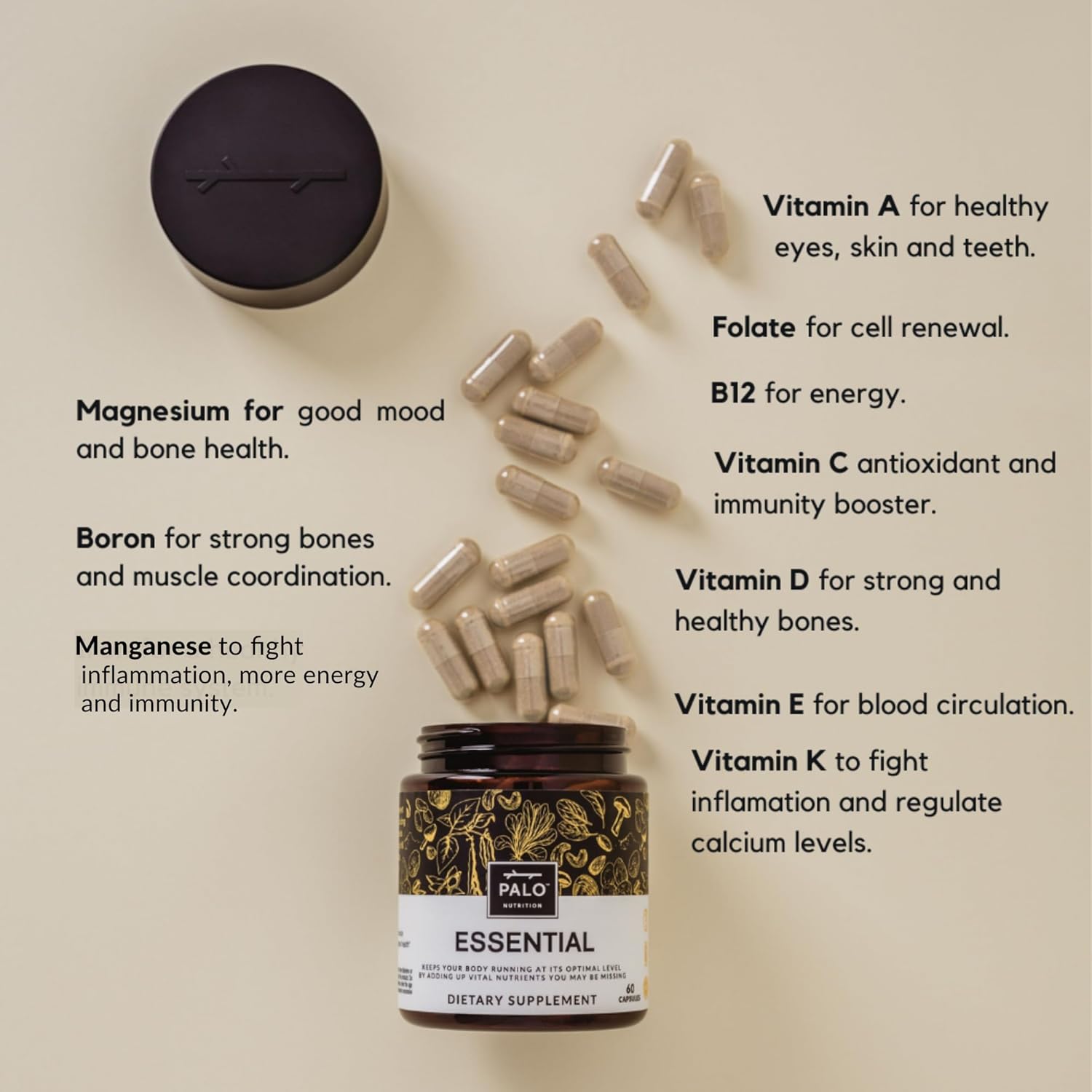 PALO Essential+ Adult One Daily Ritual Multivitamin with Vitamins D3, K2, B12, E, Folate, Minerals - 60 Capsules