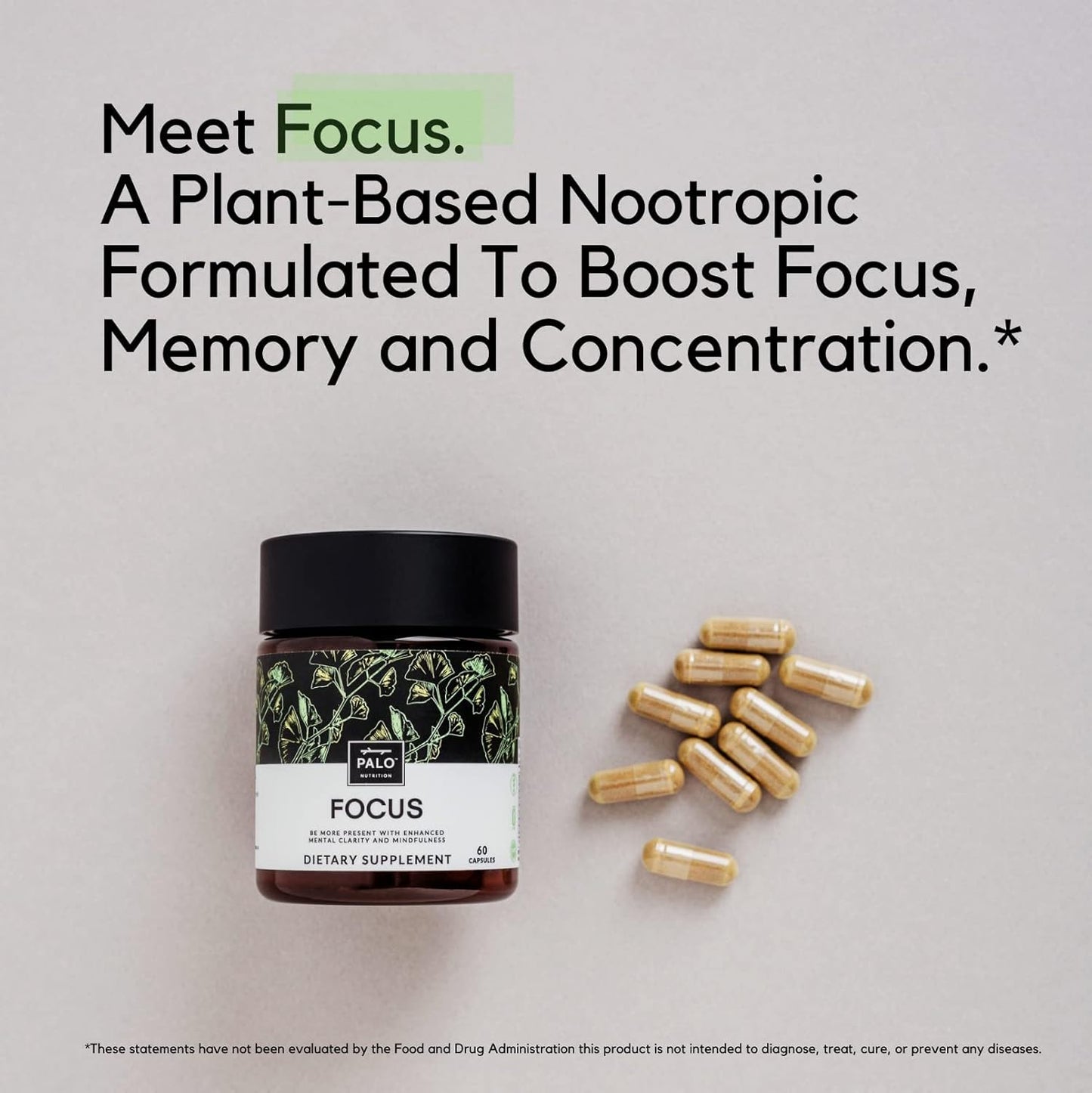 Palo Focus Nootropic Supplement for Memory, Focus, and Cognition - 60 Capsules with Ginkgo Biloba, Bacopa, and Ashwagandha