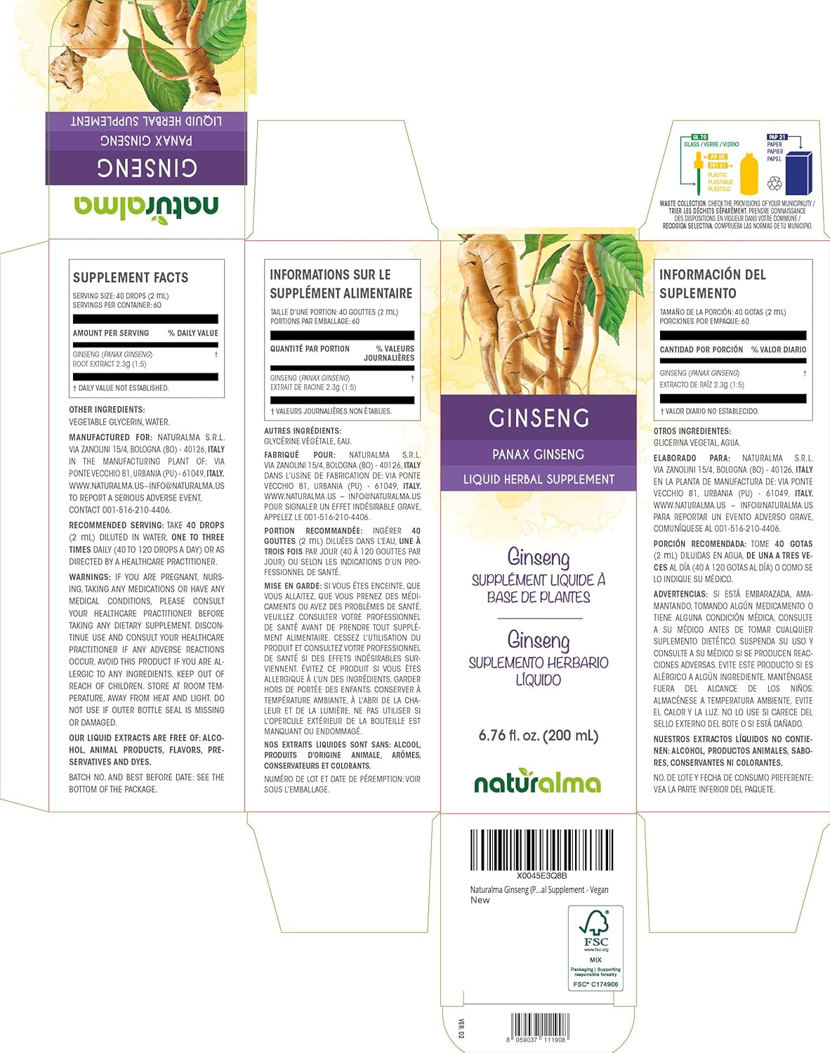 Panax Ginseng Root Alcohol-Free Tincture - 6.76 fl oz Liquid Extract Drops - Herbal Supplement Vegan Formula