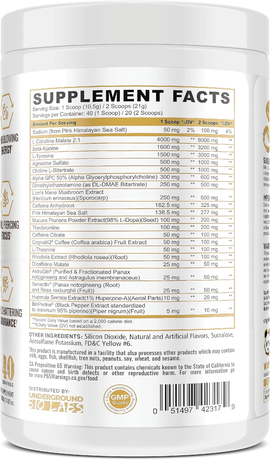 Panda Supps Skull Nootropic Pre-Workout - 403mg Caffeine, Tunnel Vision Focus, Energy Boost - Lemon Blueberry Pineapple Flavor - 40 Servings