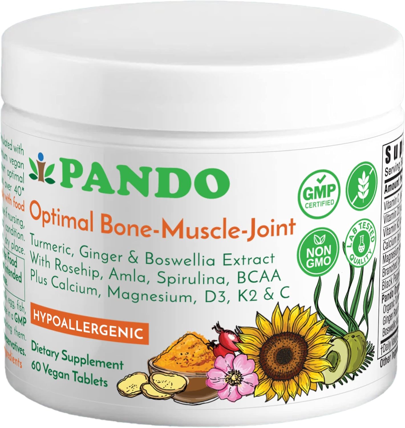 PANDO Ultimate Mobility Supplement for Bone, Muscle, and Joint Support with Turmeric, Magnesium, Vitamins C, D3, K2, Calcium, BCAAs, Organic Spirulina, Ginger, and Boswellia - 60 Vegan Tablets