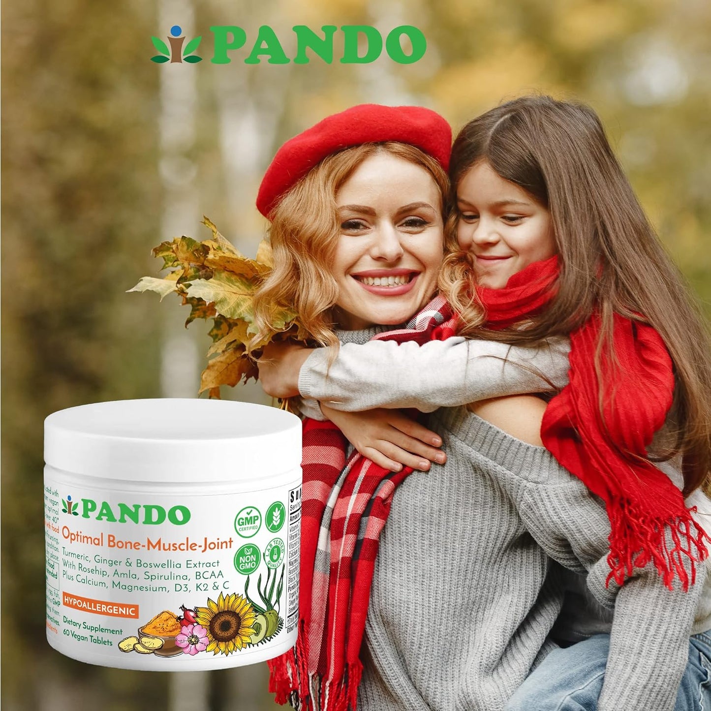 PANDO Ultimate Mobility Supplement for Bone, Muscle, and Joint Support with Turmeric, Magnesium, Vitamins C, D3, K2, Calcium, BCAAs, Organic Spirulina, Ginger, and Boswellia - 60 Vegan Tablets