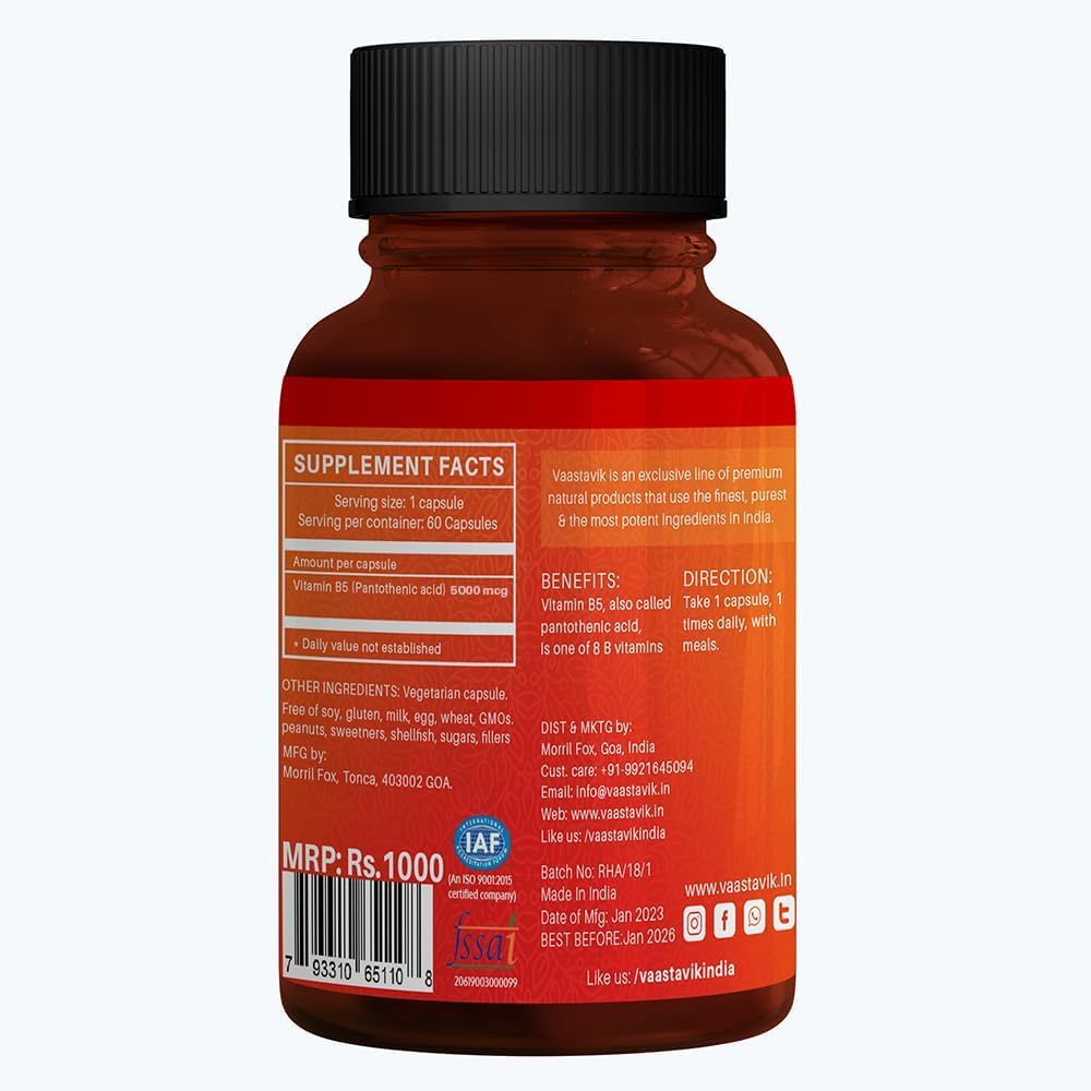 Pantothenic Acid 5000 Mcg Supplement - 60 Capsules for Vitamin B5 Support