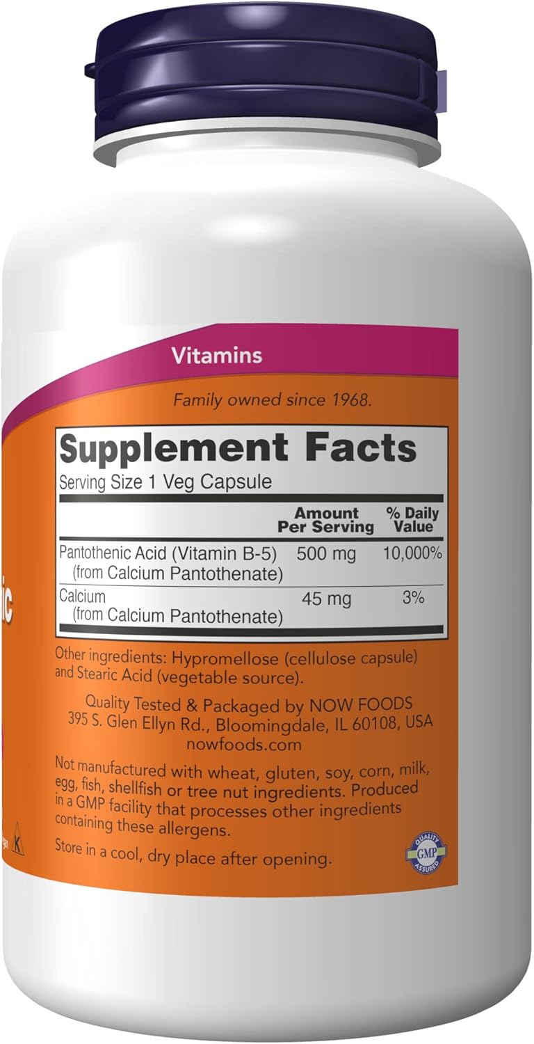 Pantothenic Acid (Vitamin B-5) 500mg Capsules - B-Complex Vitamin Supplement by NOW Foods, 250 Count