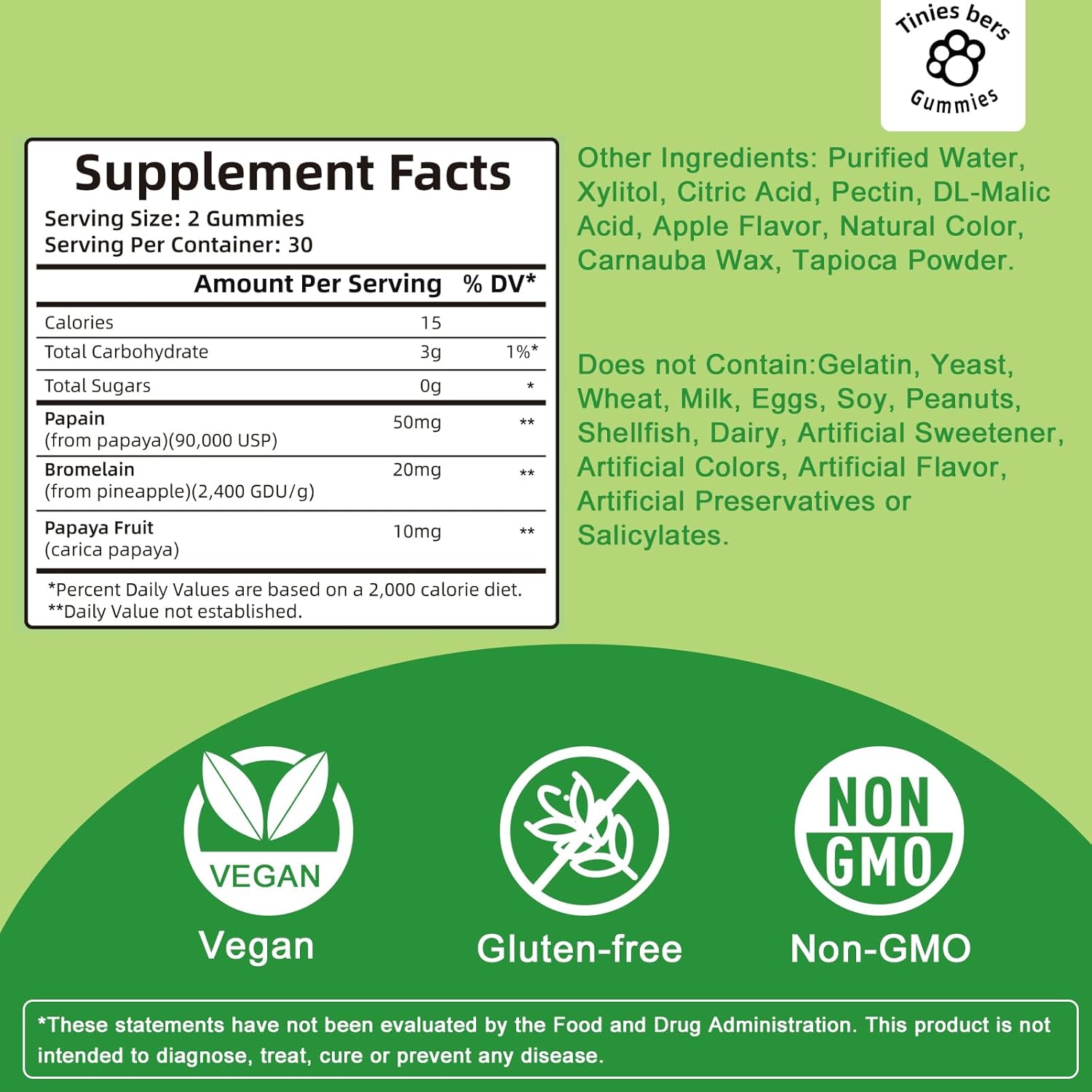 Papaya Enzyme Gummies with Bromelain for Digestive Health - Apple Flavored, Vegan, Non-GMO, 60 Count