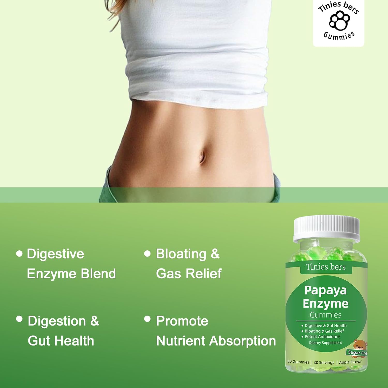 Papaya Enzyme Gummies with Bromelain for Digestive Health - Apple Flavored, Vegan, Non-GMO, 60 Count