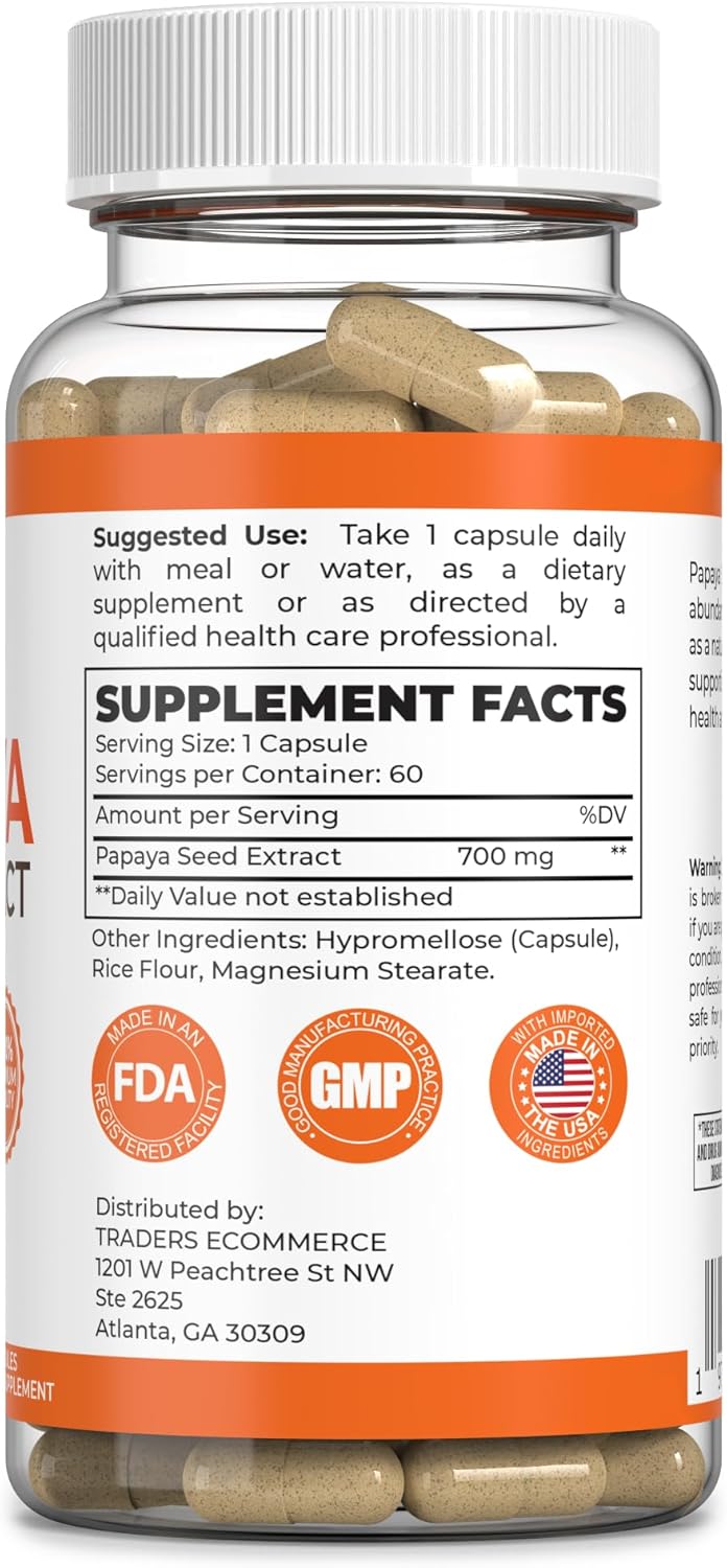 Papaya Seed Extract Digestive Enzymes Capsules - Gut Health & Liver Cleanse Detox - 60/700mg for Wellness Boost