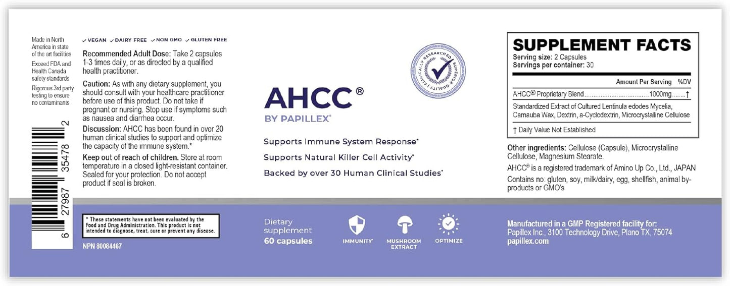 Papillex AHCC Supplement - Natural Immune Support - Maximum Strength Formula - Boosts Natural Killer Cell Activity - 120 Veggie Capsules (6 Pack)