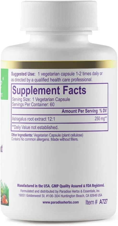 Paradise Herbs Astragalus Capsules - Supports Energy, Vitality, Digestion, Immunity, Metabolism, & Body Tone - 60 Count