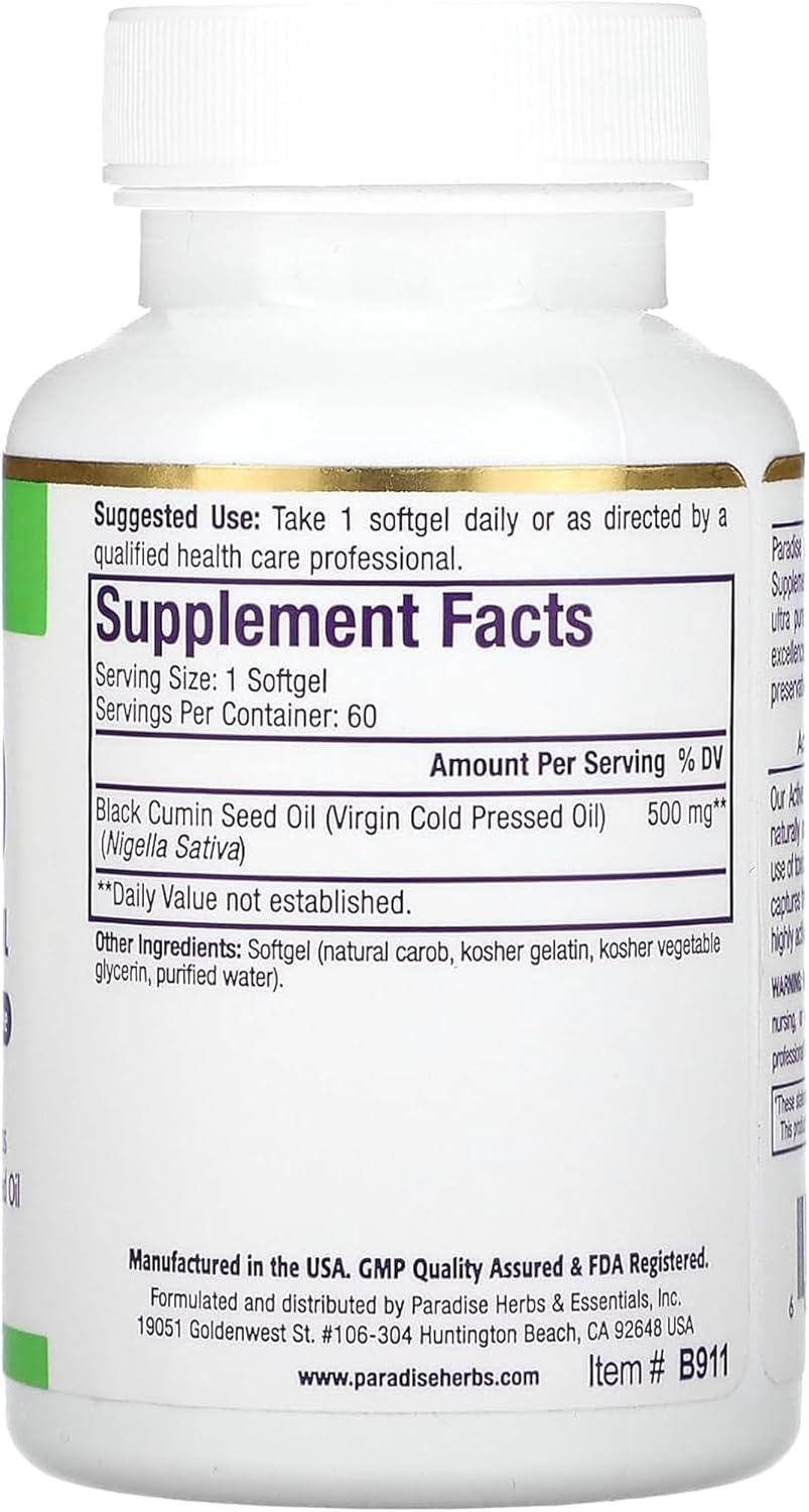 Paradise Herbs Black Seed Oil Softgels - Antioxidant-Rich, Immune Support, Super Potent, Vegan, Non-GMO - 60 Count