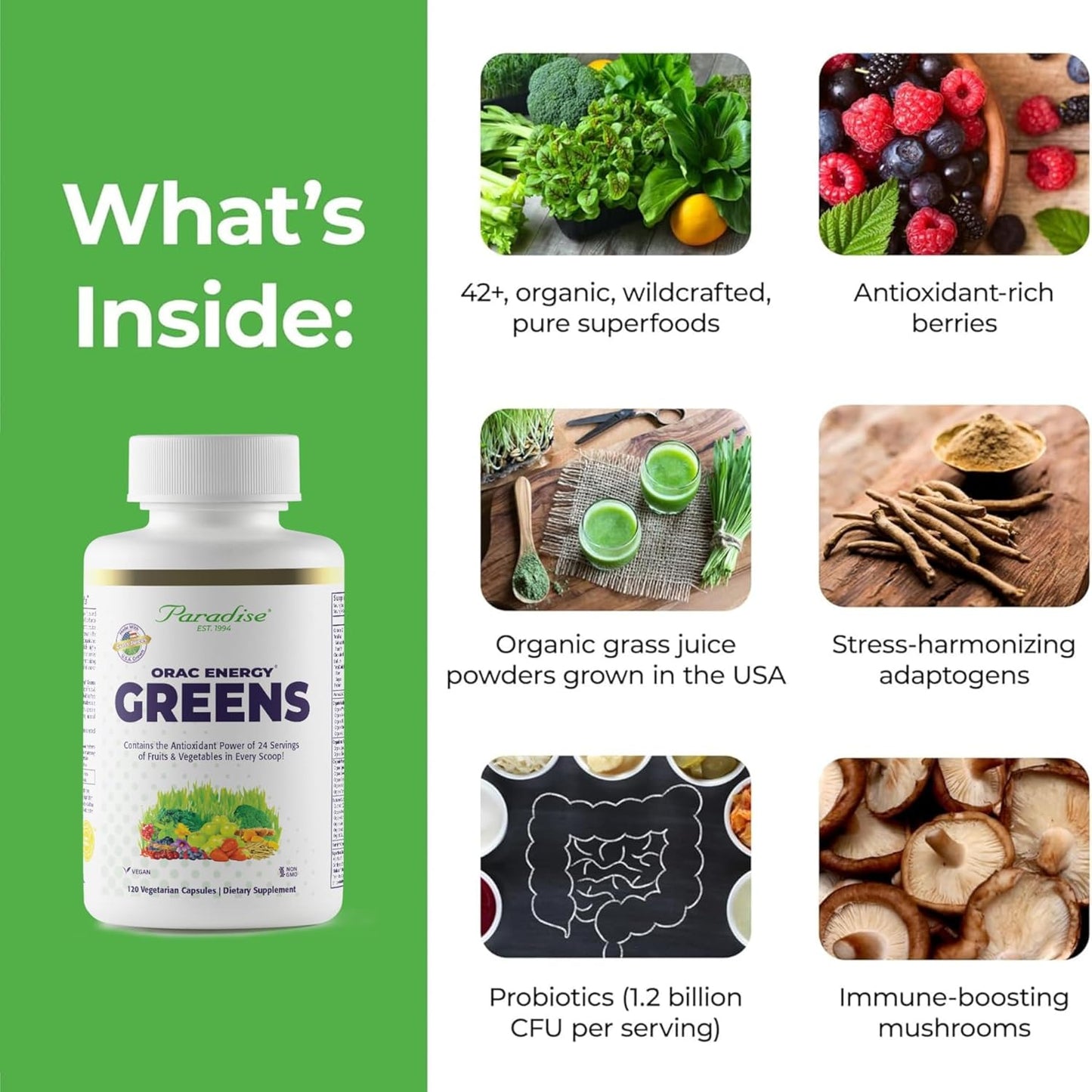 Paradise Herbs ORAC Energy Superfood Capsules with 42+ Organic Ingredients, Probiotics & Enzymes - 120 Count