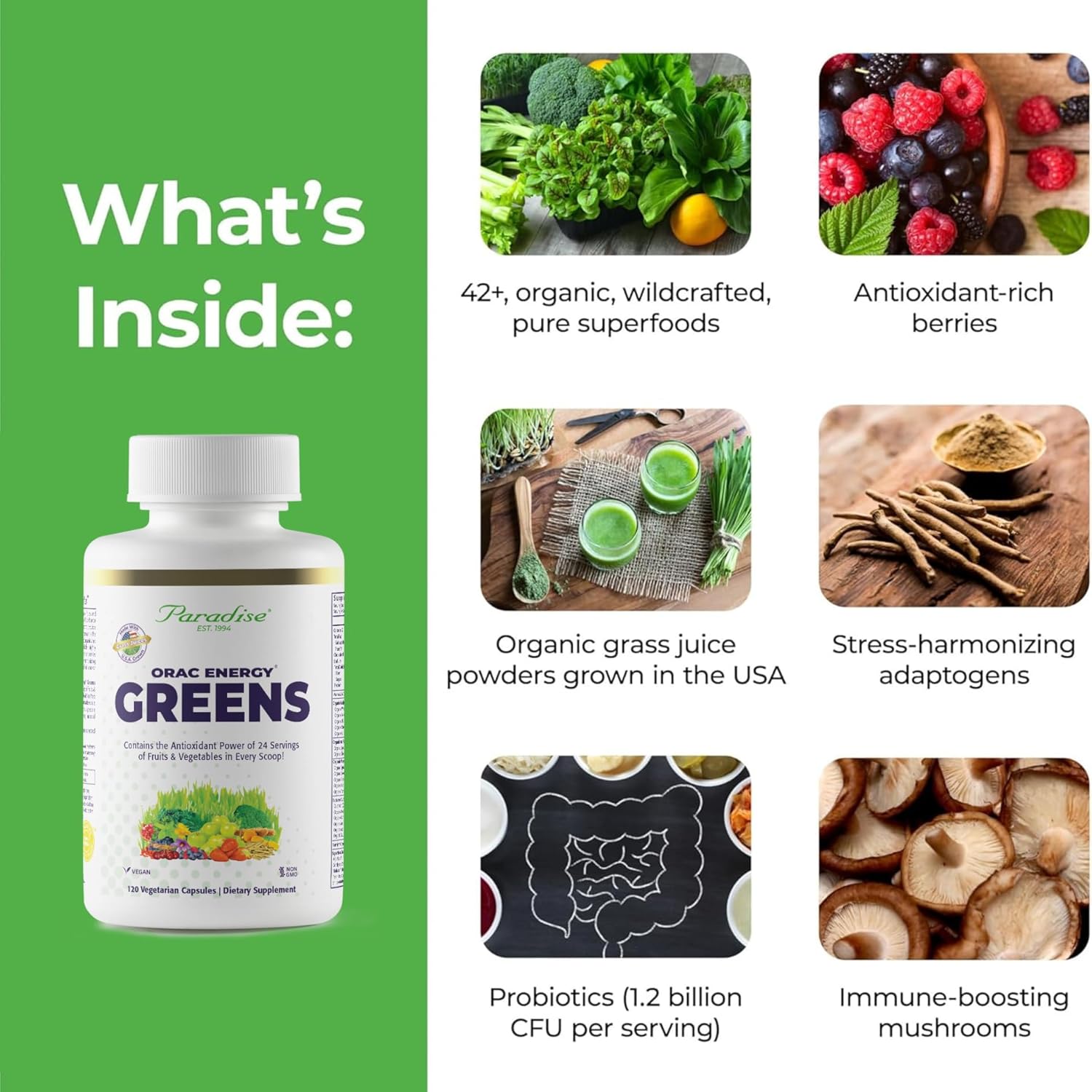 Paradise Herbs ORAC Energy Superfood Capsules with 42+ Organic Ingredients, Probiotics & Enzymes - 120 Count