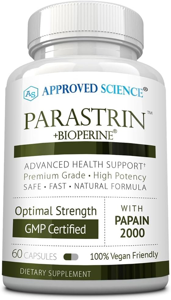Parastrin Supplement - 60 Capsules with Black Walnut, Garlic Bulb, Papain 2000, BioPerine - Vegan Formula by Approved Science