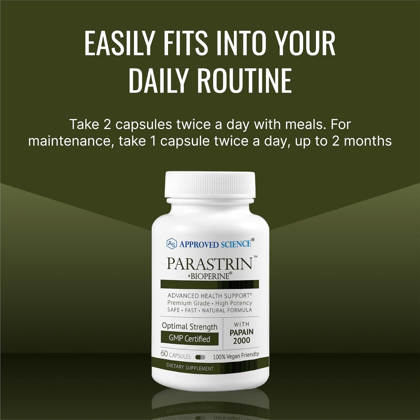 Parastrin Supplement - 60 Capsules with Black Walnut, Garlic Bulb, Papain 2000, BioPerine - Vegan Formula by Approved Science