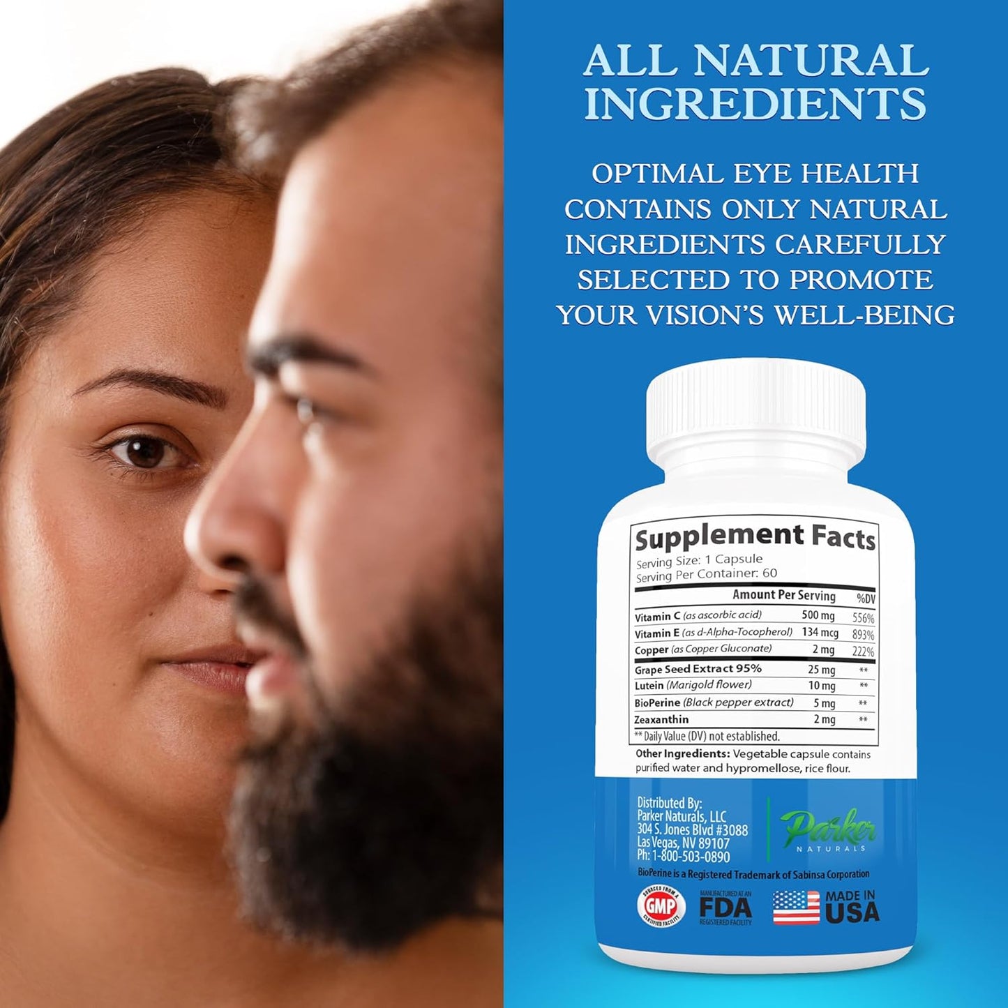 Parker Naturals Eye Health Supplement for Vision, 60 Capsules - Vitamin C & E, Lutein & Zeaxanthin, Eye Vitamins & Minerals