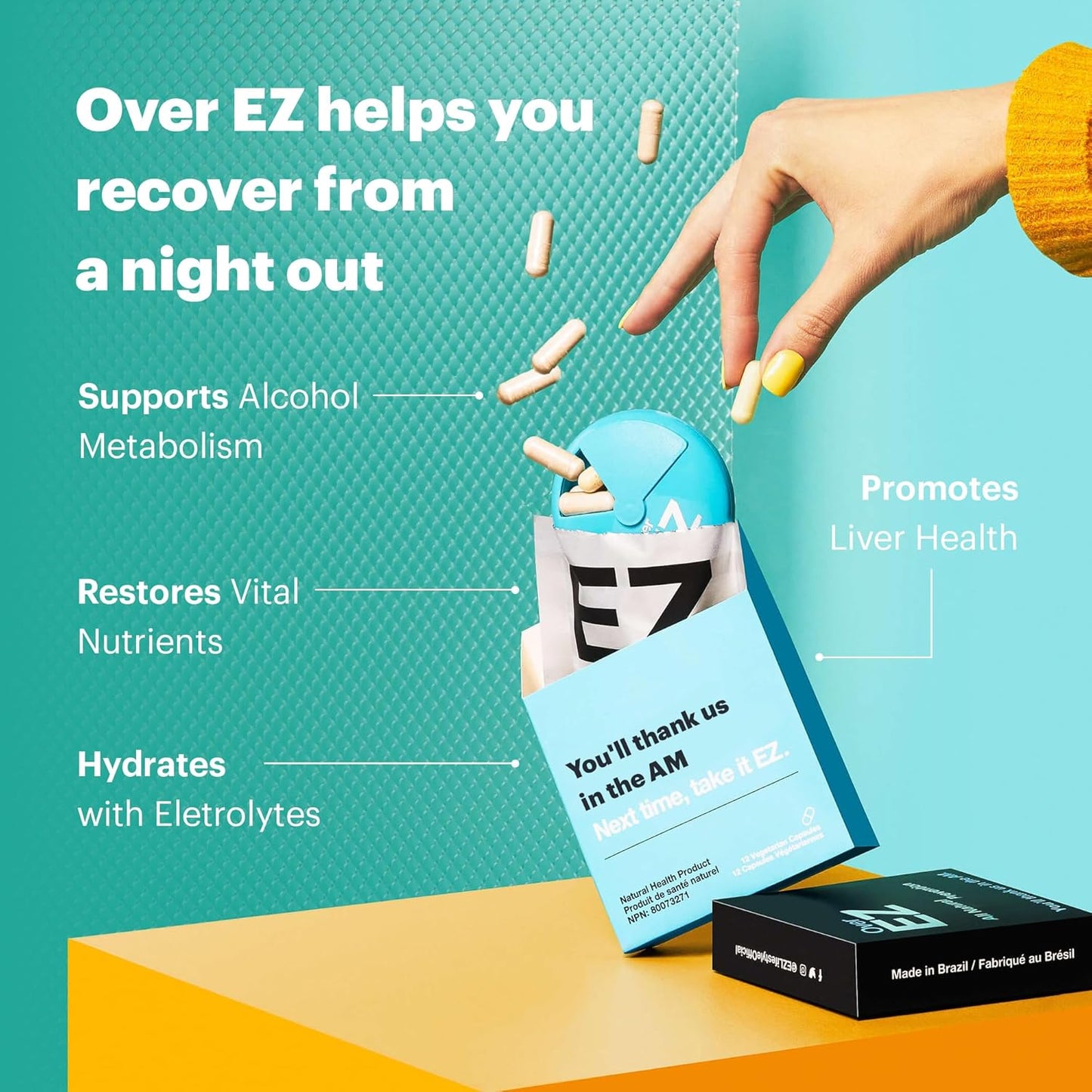 Party Recovery & Prevention Pills: OVER EZ Pre-Drink Supplement with Milk Thistle, Amino Acids, Vitamin Bs (12 Capsules) for Better Mornings