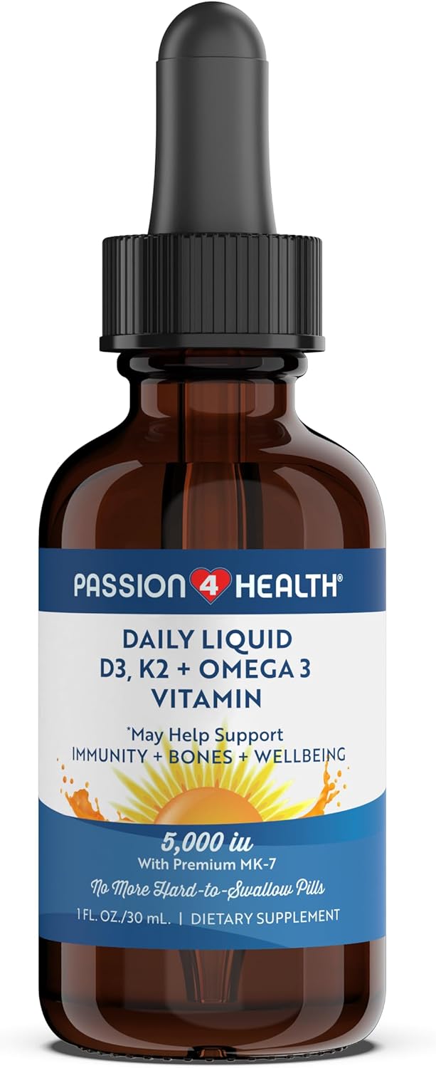 Passion 4 Life Liquid Vitamin D3 + K2 + Omega 3 Supplement for Healthy Bones and Muscles