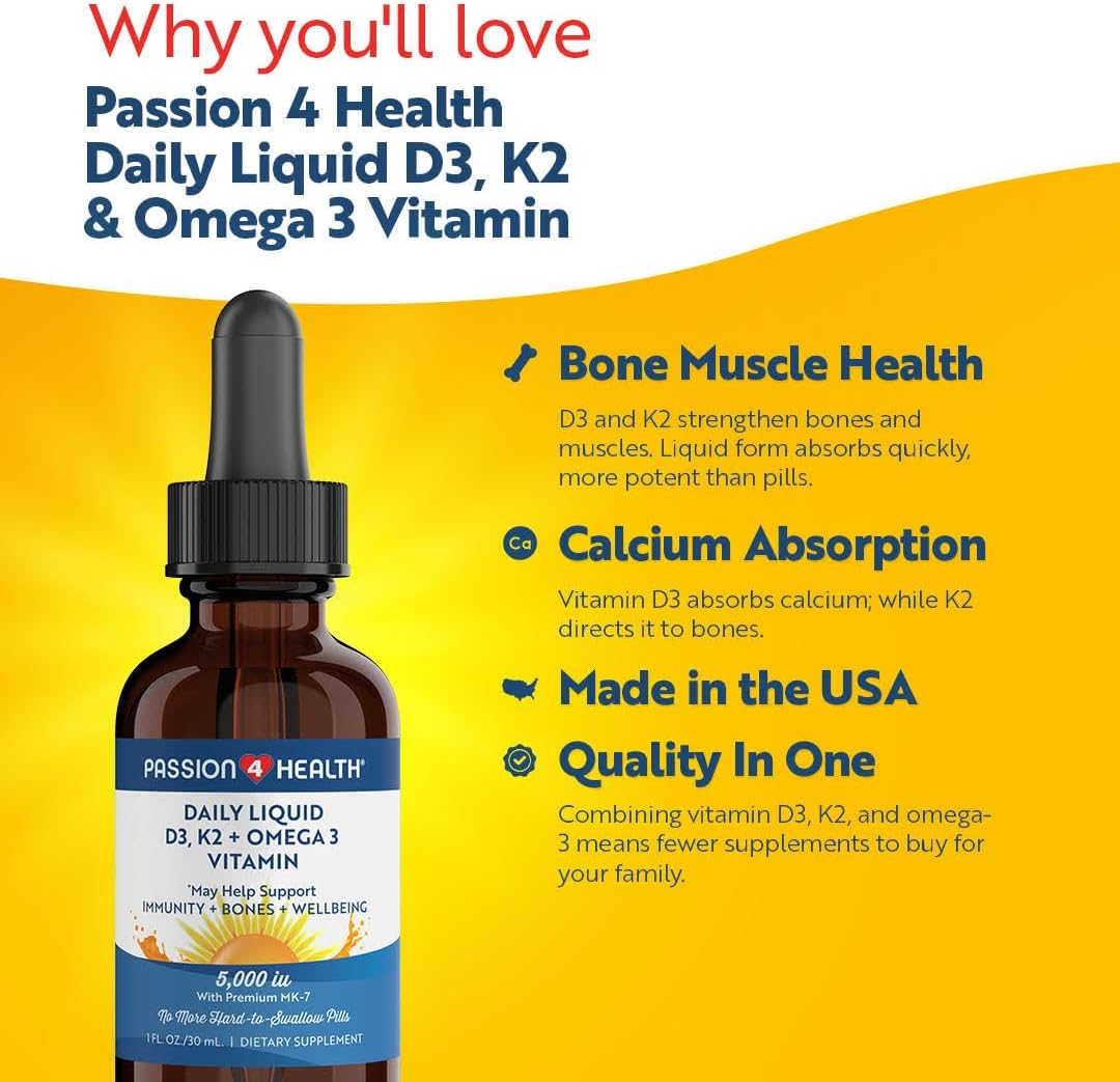 Passion 4 Life Liquid Vitamin D3 + K2 + Omega 3 Supplement for Healthy Bones and Muscles