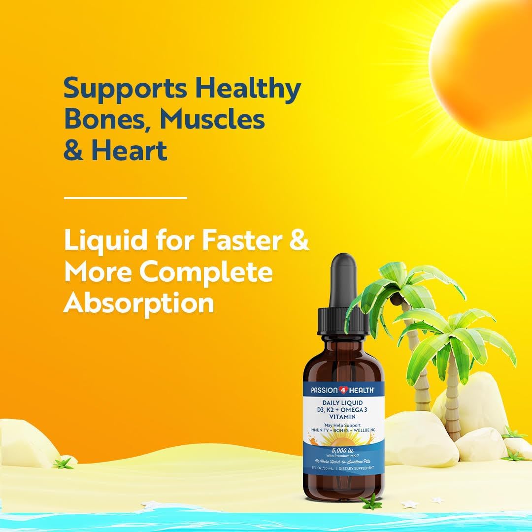 Passion 4 Life Liquid Vitamin D3 + K2 + Omega 3 Supplement for Healthy Bones and Muscles