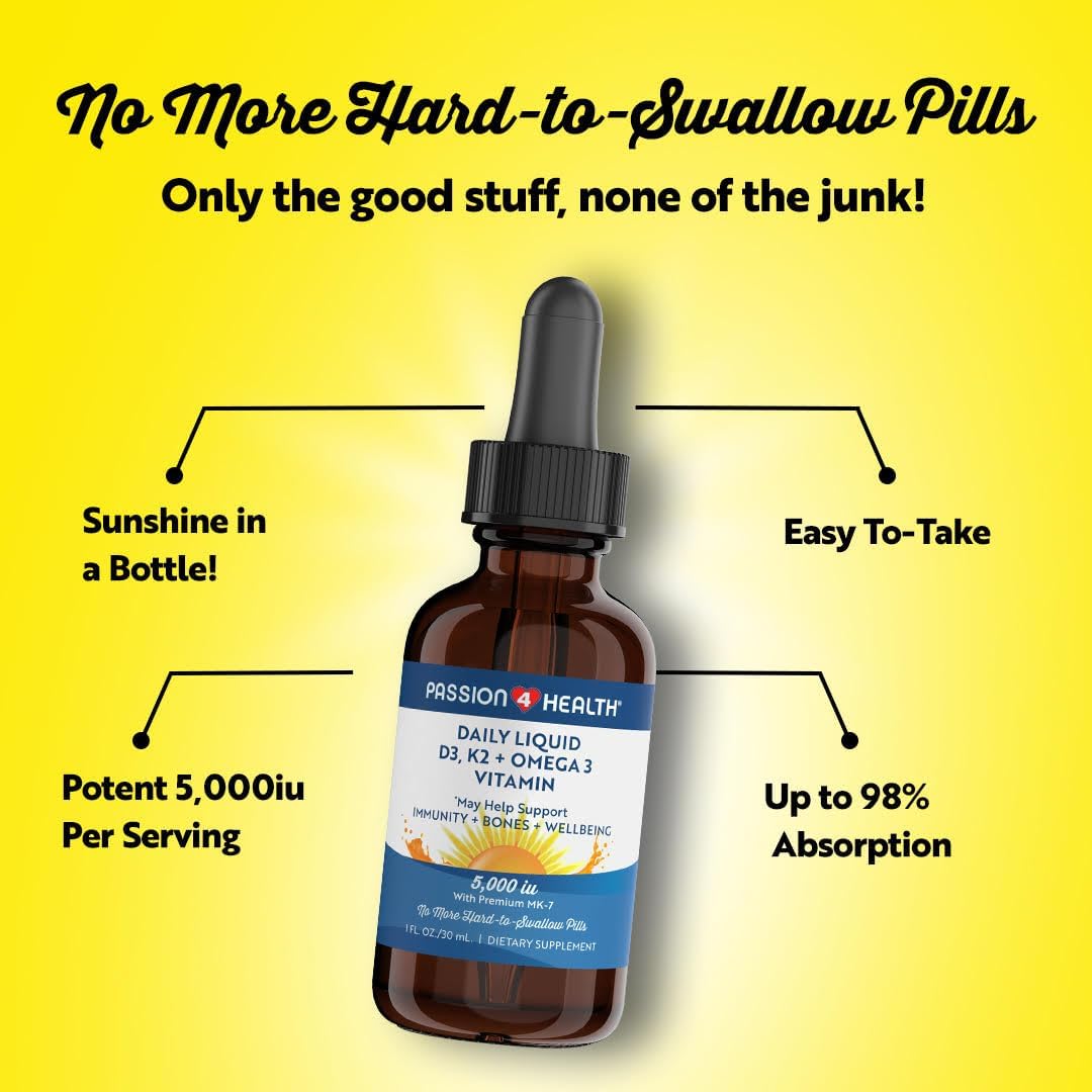 Passion 4 Life Liquid Vitamin D3 + K2 + Omega 3 Supplement for Healthy Bones and Muscles