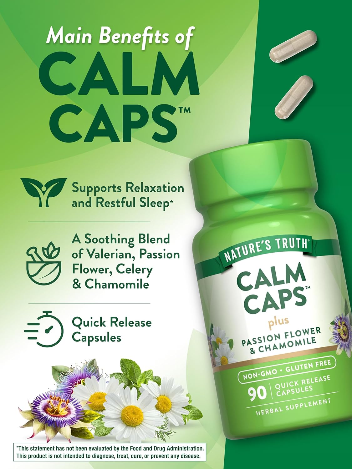 Passion Flower and Chamomile Calm Capsules - 90 Count - Non-GMO, Gluten Free Supplement by Nature's Truth