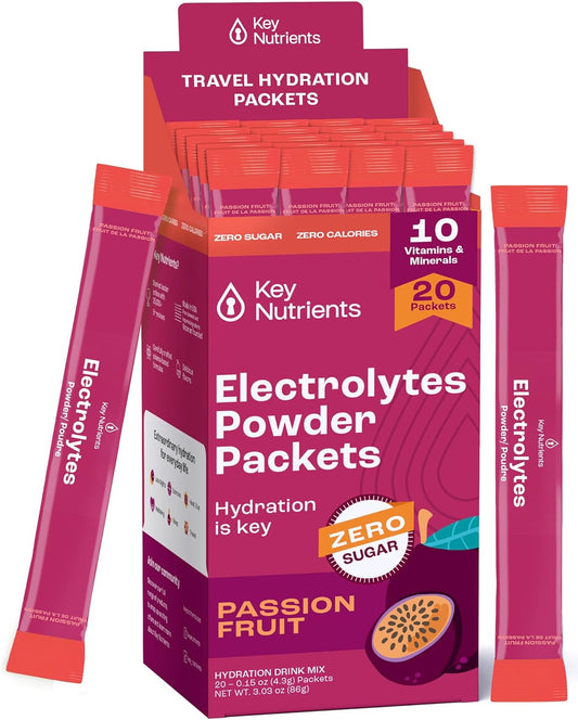 Passion Fruit Electrolyte Powder Packets - 20 Pack Travel Hydration - Sugar-Free & Gluten-Free Multivitamin Electrolytes - Made in USA