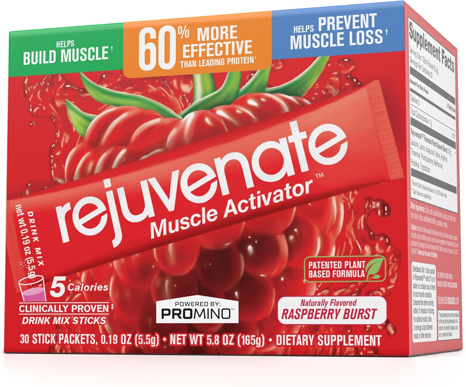 Patented EAA Muscle Building Drink Sticks - 11x Better Than Whey Protein - Raspberry Burst - 30 Count