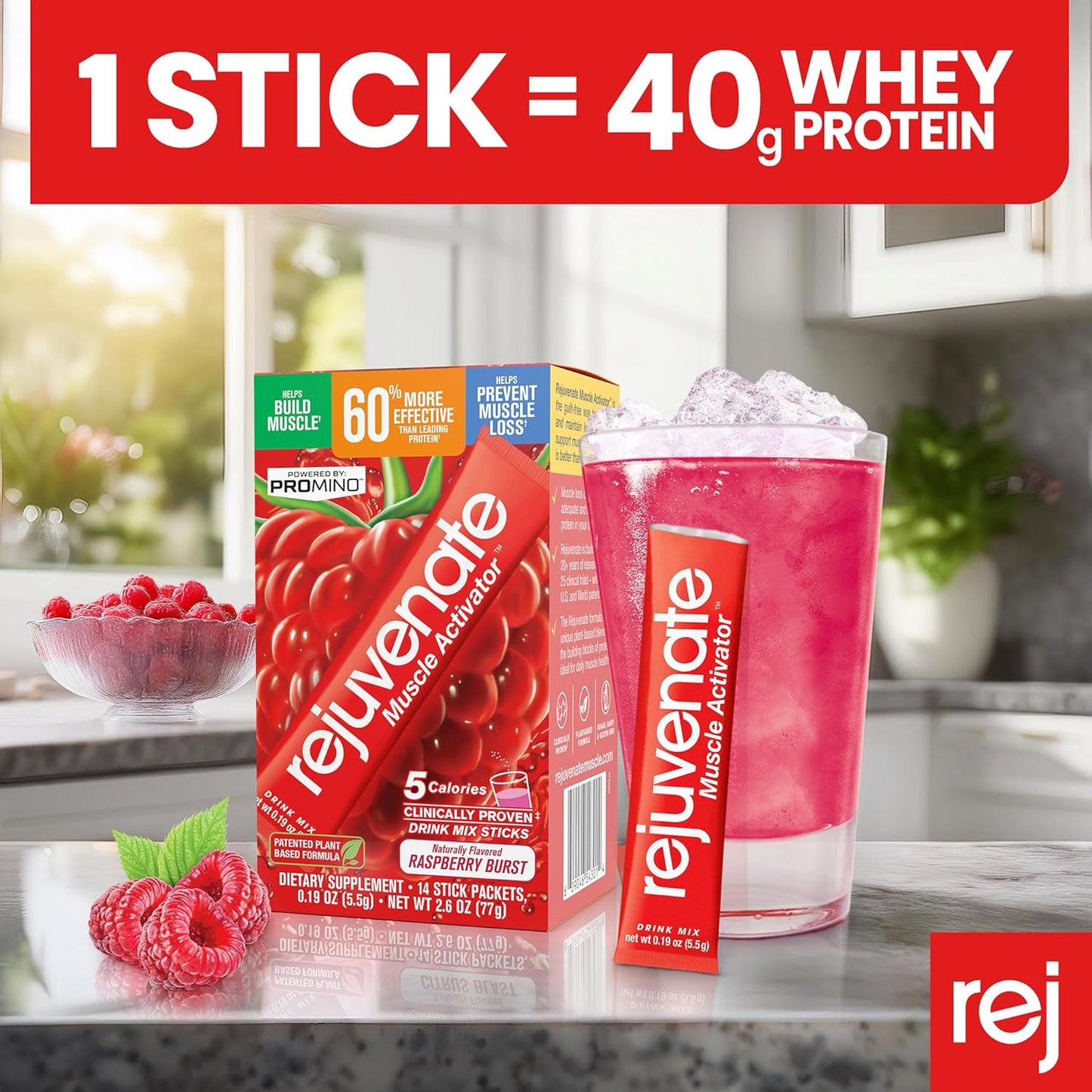 Patented EAA Muscle Building Drink Sticks - 11x Better Than Whey Protein - Raspberry Burst - 30 Count