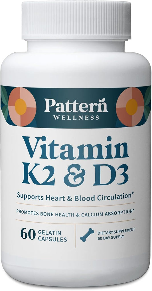 Pattern Wellness Vitamin K2 D3 Calcium Supplement - Synergistic Complex for Whole Body Health - Supports Bone & Cardiovascular Health - 60 Tablets