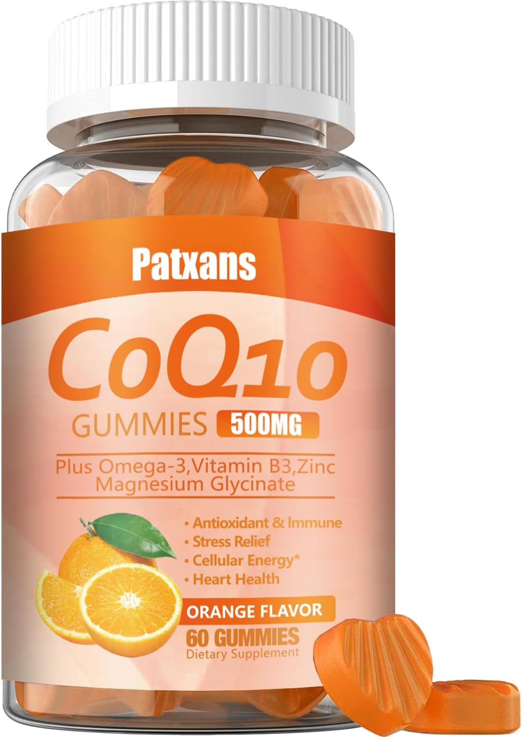 Patxans CoQ10 Gummies 500MG - Heart Support with Omega-3, Magnesium, Vitamin B3, Zinc - Vegan, Non-GMO - 60Cts