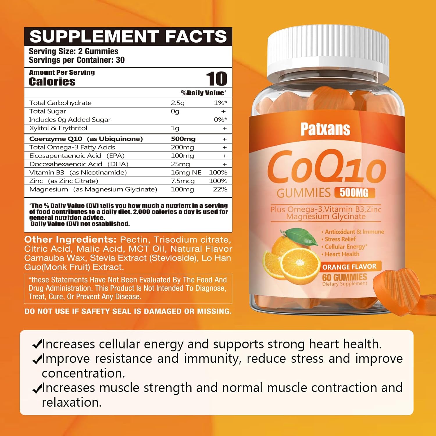 Patxans CoQ10 Gummies 500MG - Heart Support with Omega-3, Magnesium, Vitamin B3, Zinc - Vegan, Non-GMO - 60Cts