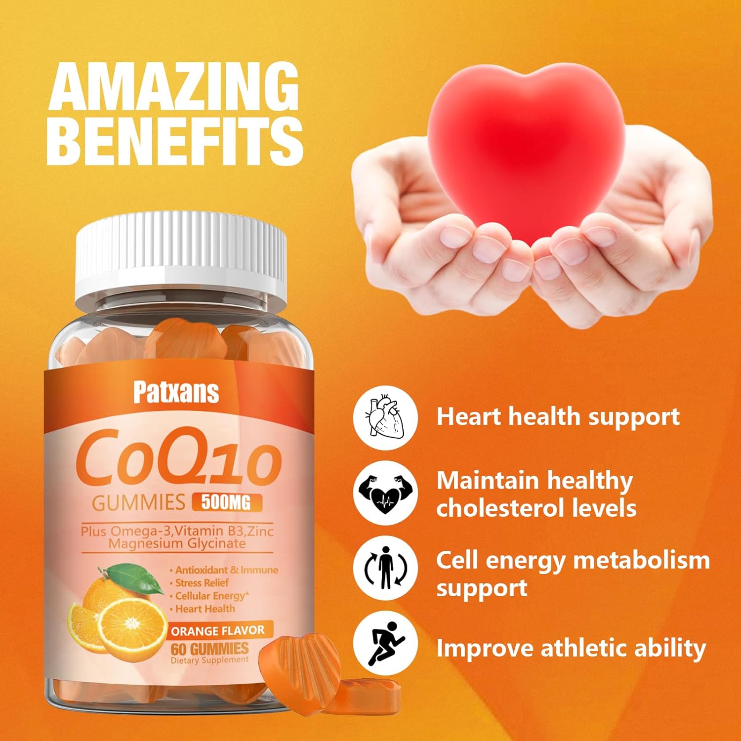 Patxans CoQ10 Gummies 500MG - Heart Support with Omega-3, Magnesium, Vitamin B3, Zinc - Vegan, Non-GMO - 60Cts