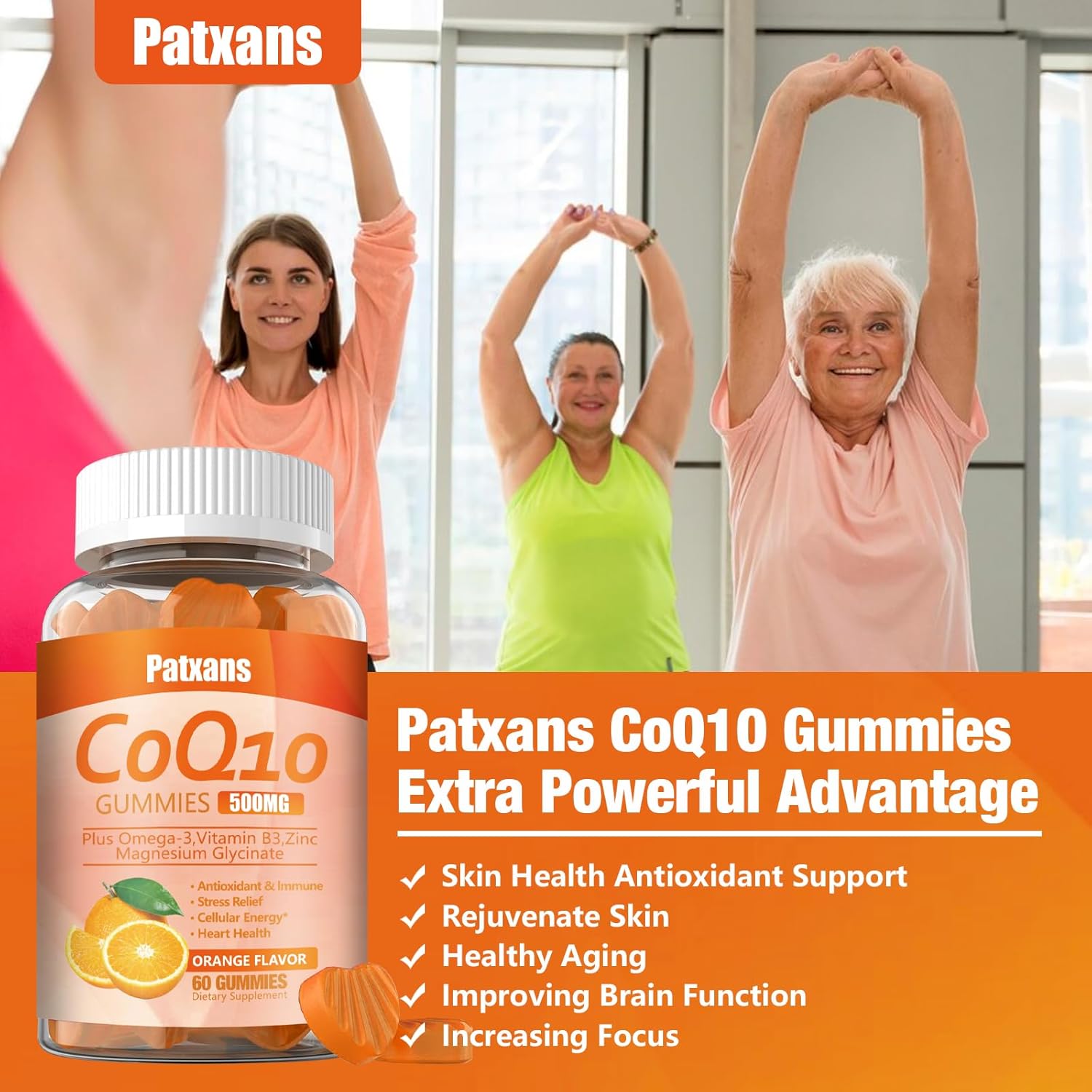 Patxans CoQ10 Gummies 500MG - Heart Support with Omega-3, Magnesium, Vitamin B3, Zinc - Vegan, Non-GMO - 60Cts