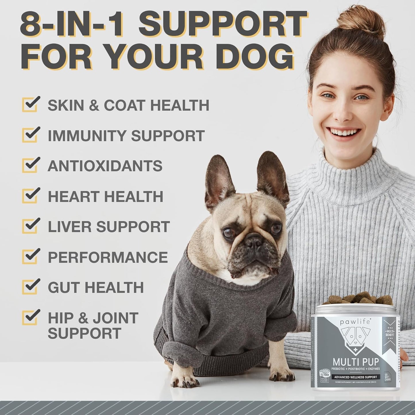 Pawlife All Natural Multivitamin Soft Chews with Glucosamine Chondroitin for Dogs | Probiotics for Gut & Immune Health | Mobility & Wellness Support | 4-Month Supply