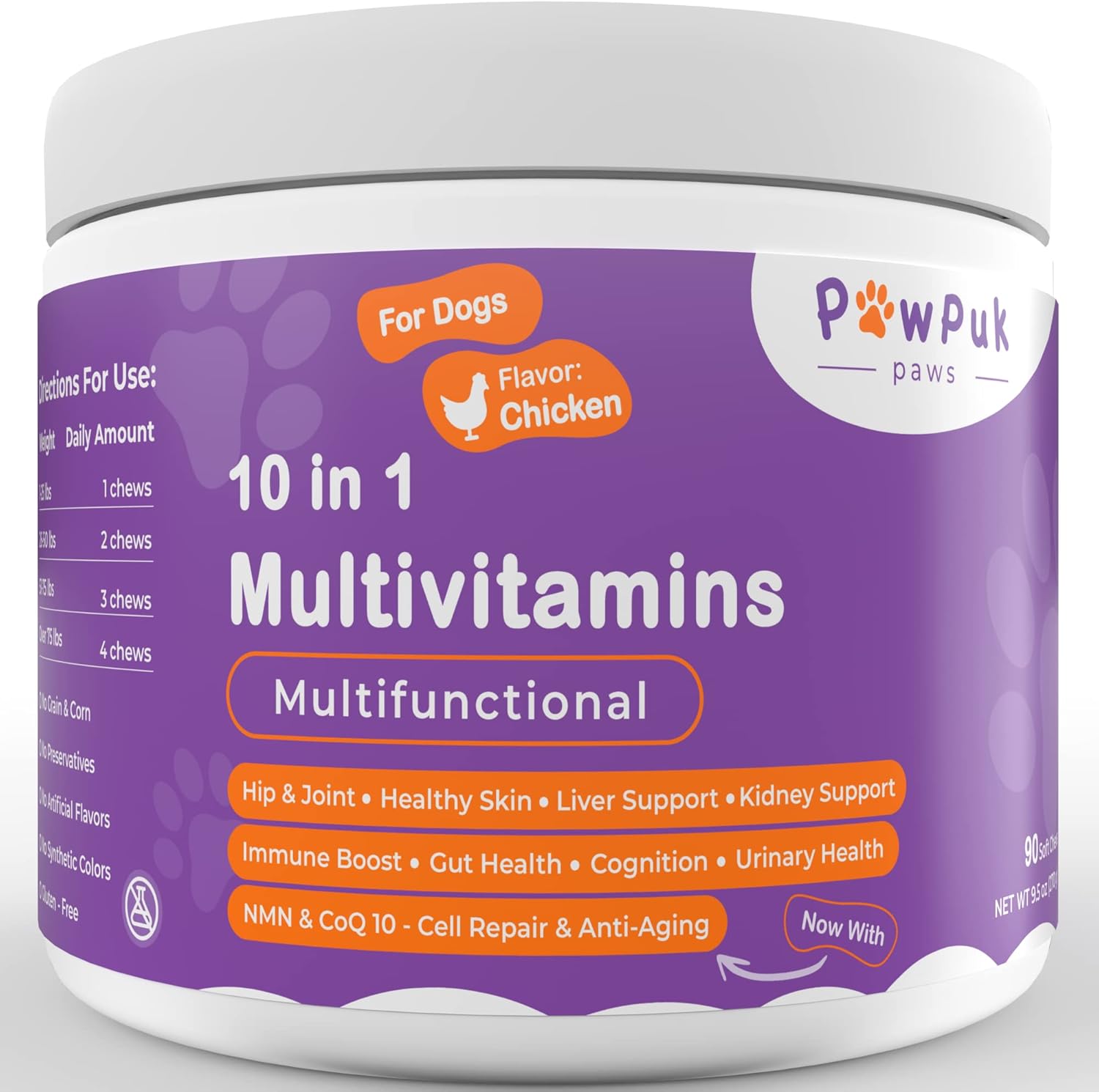 Pawpuk Paws Dog Supplements with Silymarin, Green Lipped Mussel, Glucosamine, MSM, Salmon Oil, Probiotics, Co-Q10, NMN - Immune & Gut Support, UTI Prevention, Radiant Skin & Coat