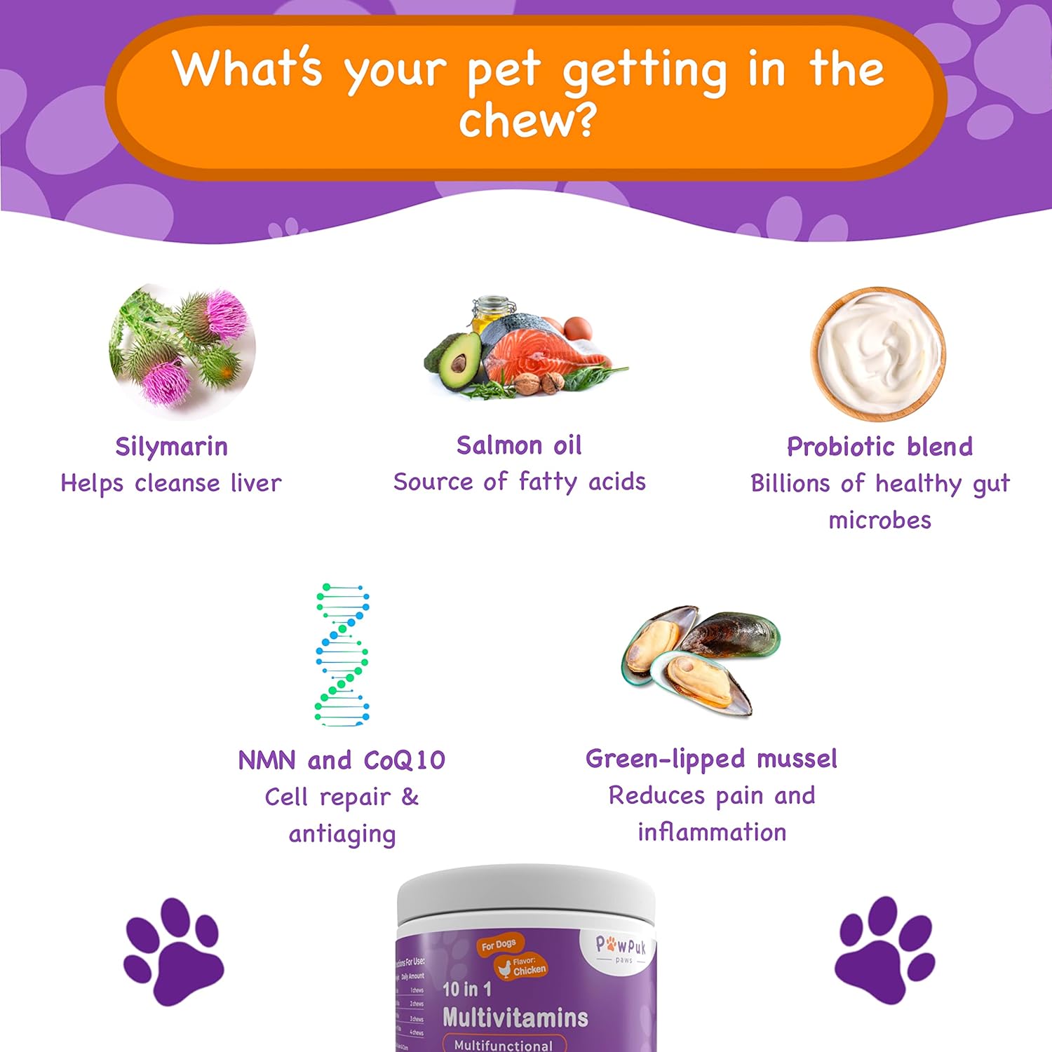 Pawpuk Paws Dog Supplements with Silymarin, Green Lipped Mussel, Glucosamine, MSM, Salmon Oil, Probiotics, Co-Q10, NMN - Immune & Gut Support, UTI Prevention, Radiant Skin & Coat