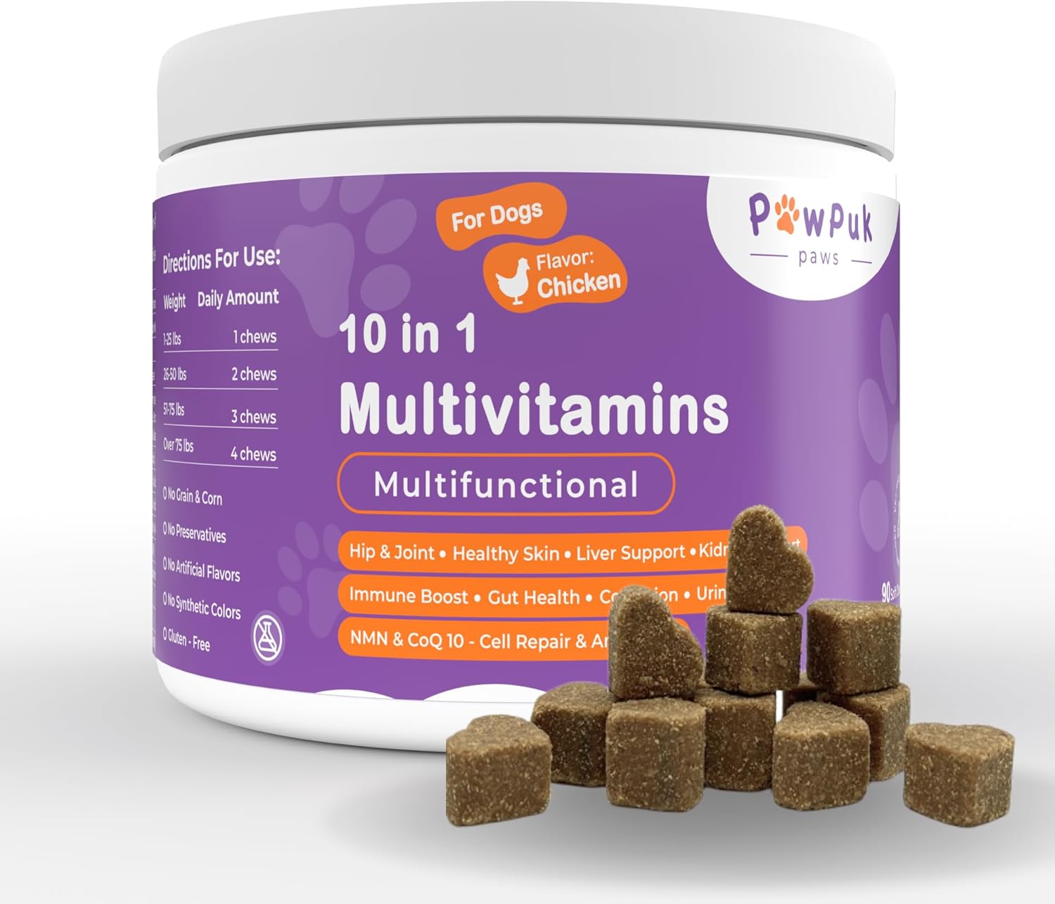 Pawpuk Paws Dog Supplements with Silymarin, Green Lipped Mussel, Glucosamine, MSM, Salmon Oil, Probiotics, Co-Q10, NMN - Immune & Gut Support, UTI Prevention, Radiant Skin & Coat