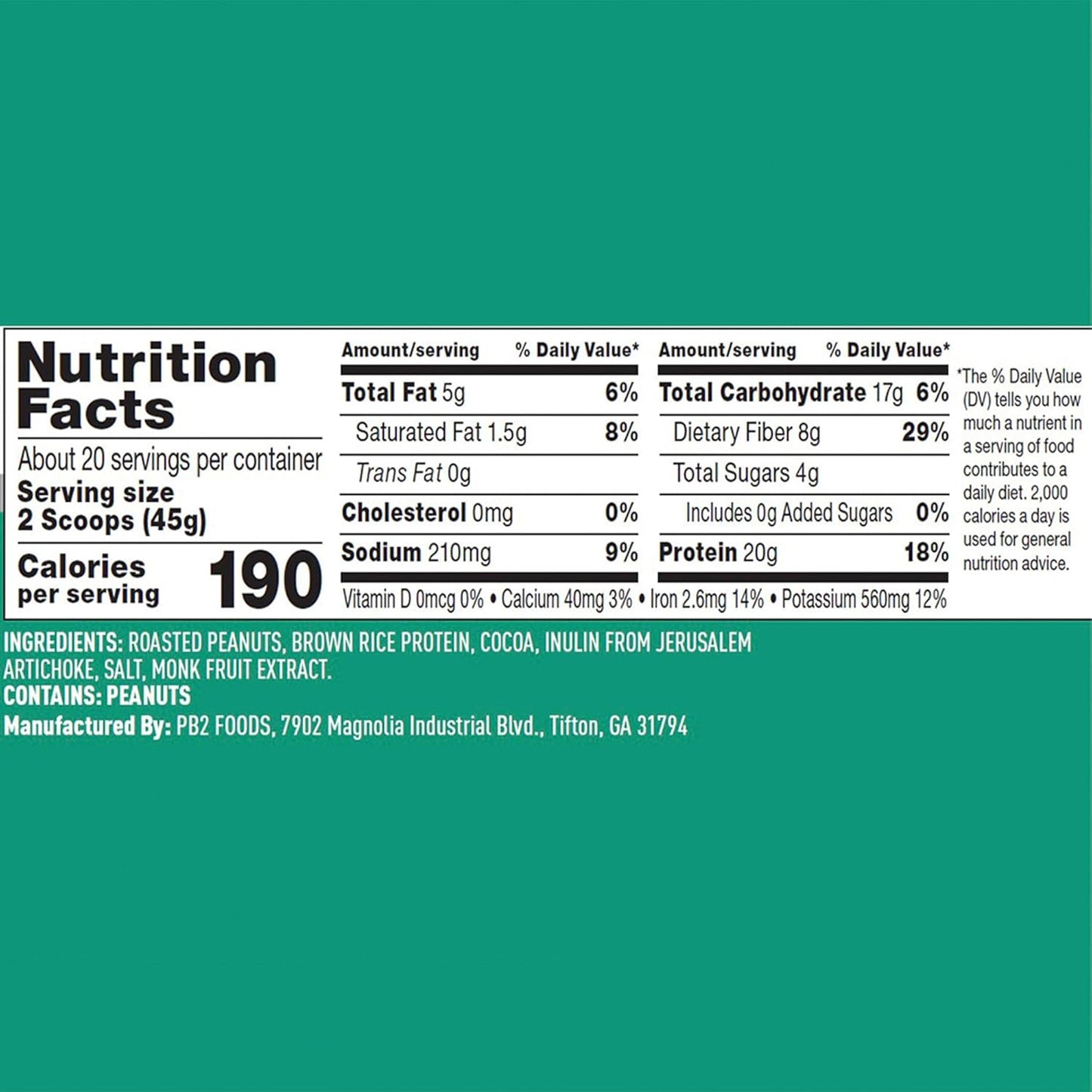 PB2 Performance Peanut Protein Powder with Dutch Cocoa, 20g Vegan Plant Based Protein - Non GMO, Gluten Free, 2 lb Jar