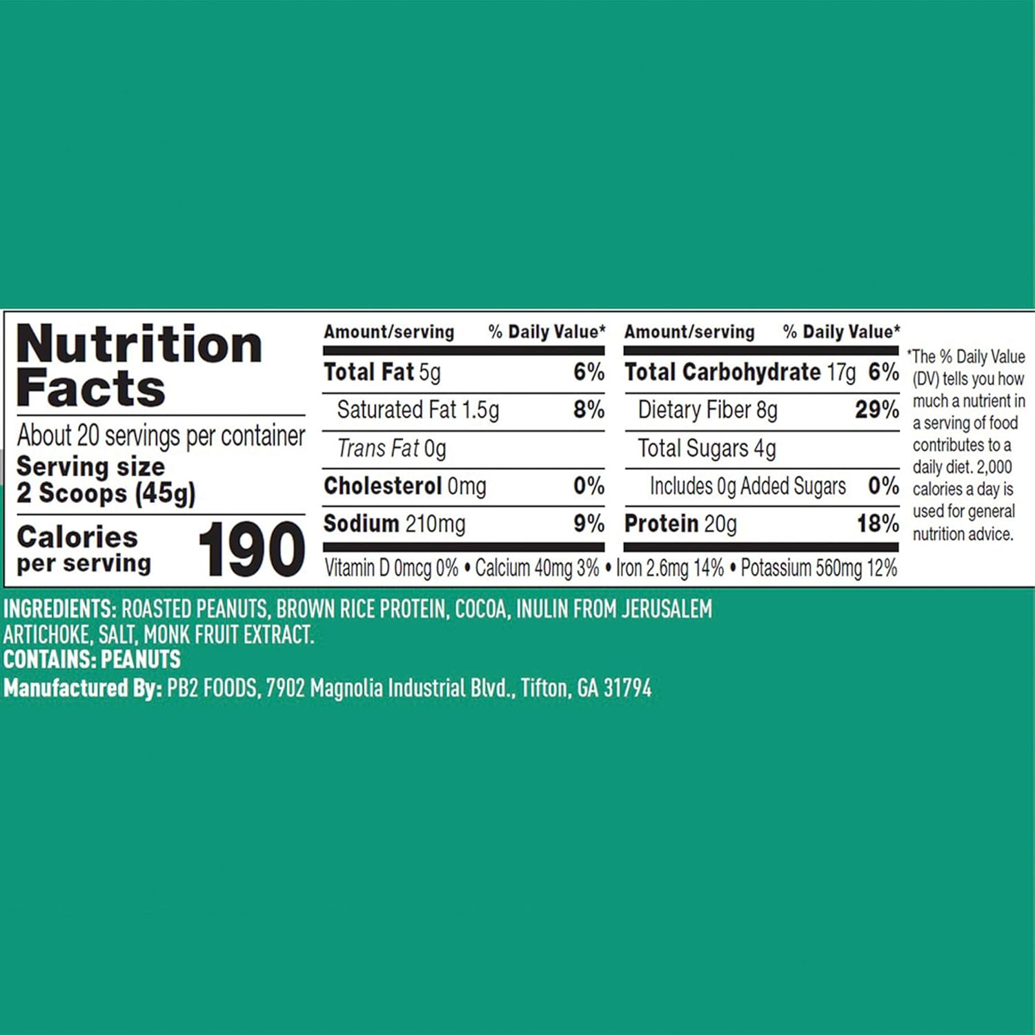 PB2 Performance Peanut Protein Powder with Dutch Cocoa, 20g Vegan Plant Based Protein - Non GMO, Gluten Free, 2 lb Jar