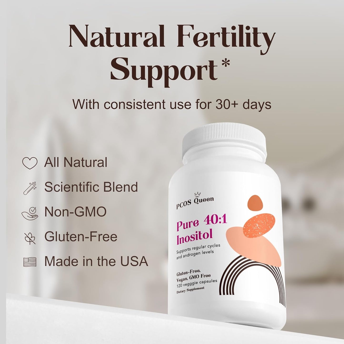 PCOS Queen Inositol Supplement for Women - Myo + D-Chiro Inositol Blend - Supports Fertility, Skin, and Menstrual Health - 1 Bottle