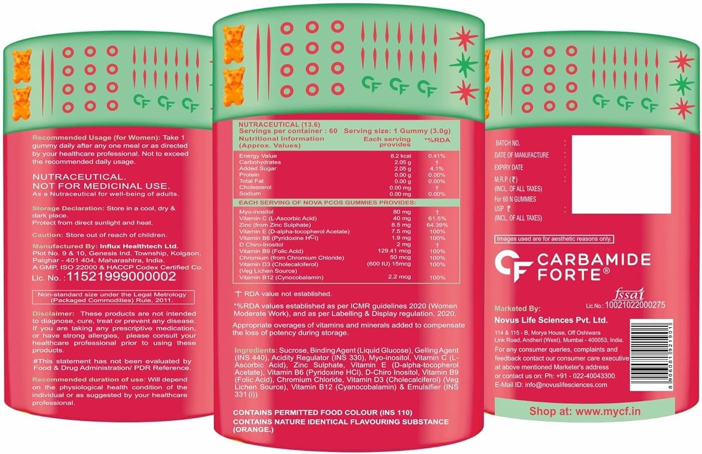 PCOS Supplements for Women with Myo & D Chiro Inositol, Vitamins & Minerals - Orange Flavour - 60 Veg Gummies