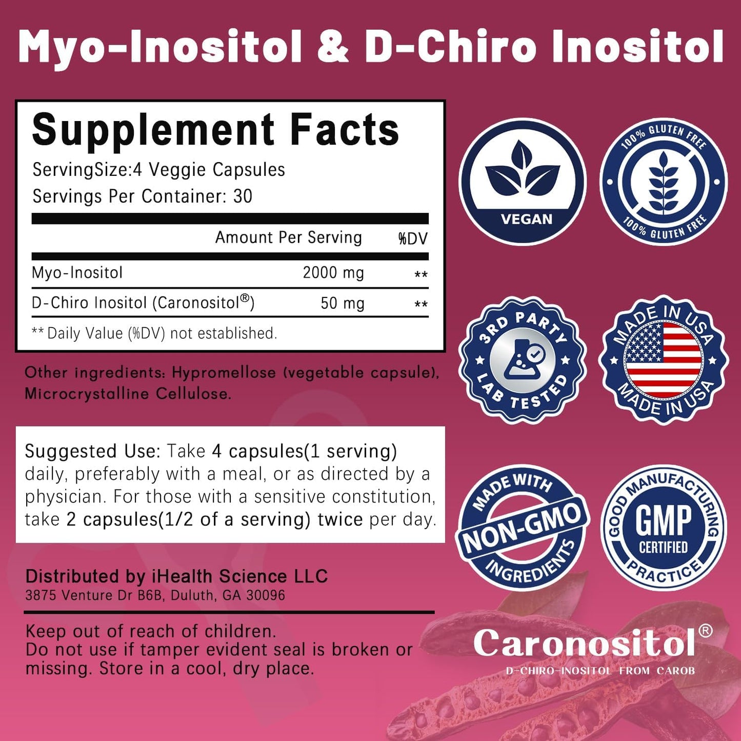 PCOSkey Myo-Inositol & D-Chiro Inositol Supplement - 2050mg - 40:1 Ratio - Hormone Balance for Women - 120 Capsules