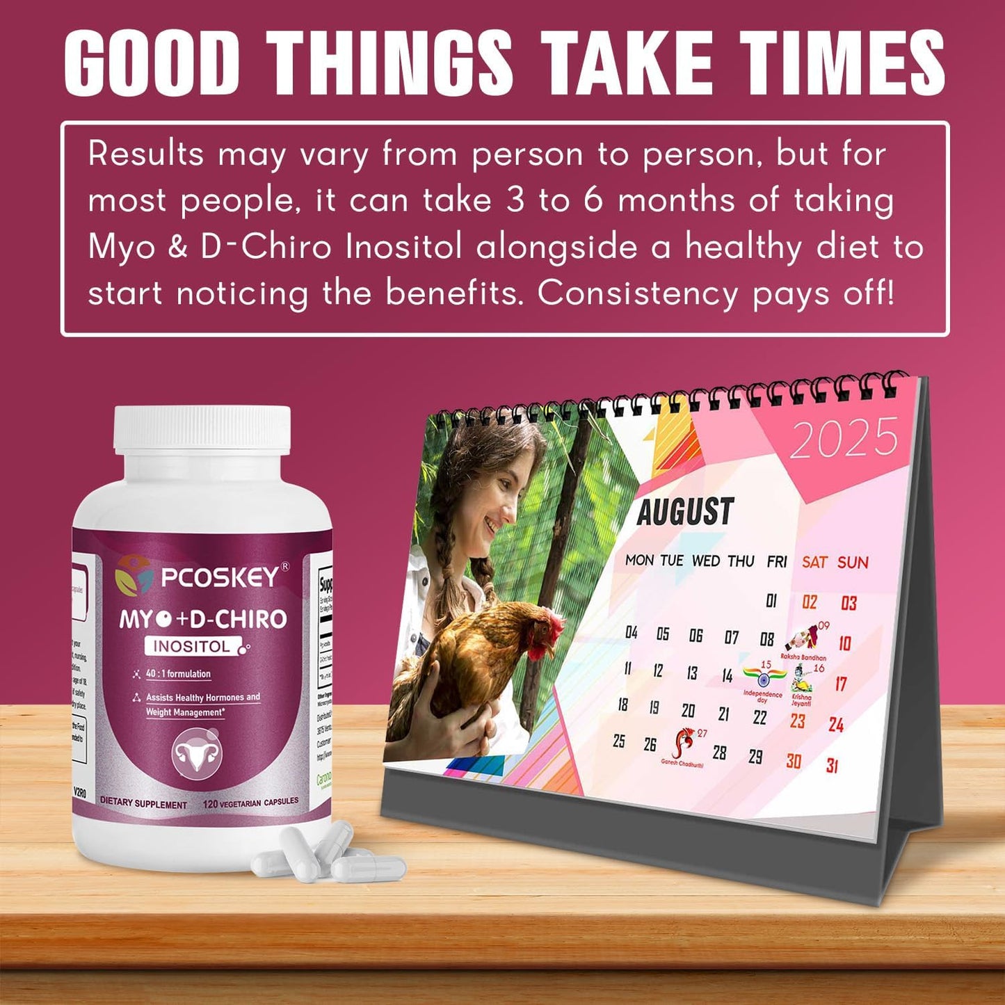PCOSkey Myo-Inositol & D-Chiro Inositol Supplement - 2050mg - 40:1 Ratio - Hormone Balance for Women - 120 Capsules