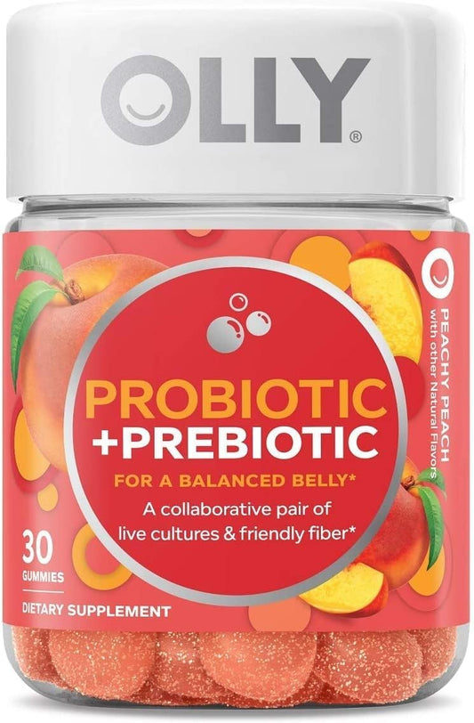 Peach Flavored Probiotic and Prebiotic Gummy for Digestive Support - 30 Day Supply with 500 Million CFUs and Fiber - Men and Women's Chewable Supplement