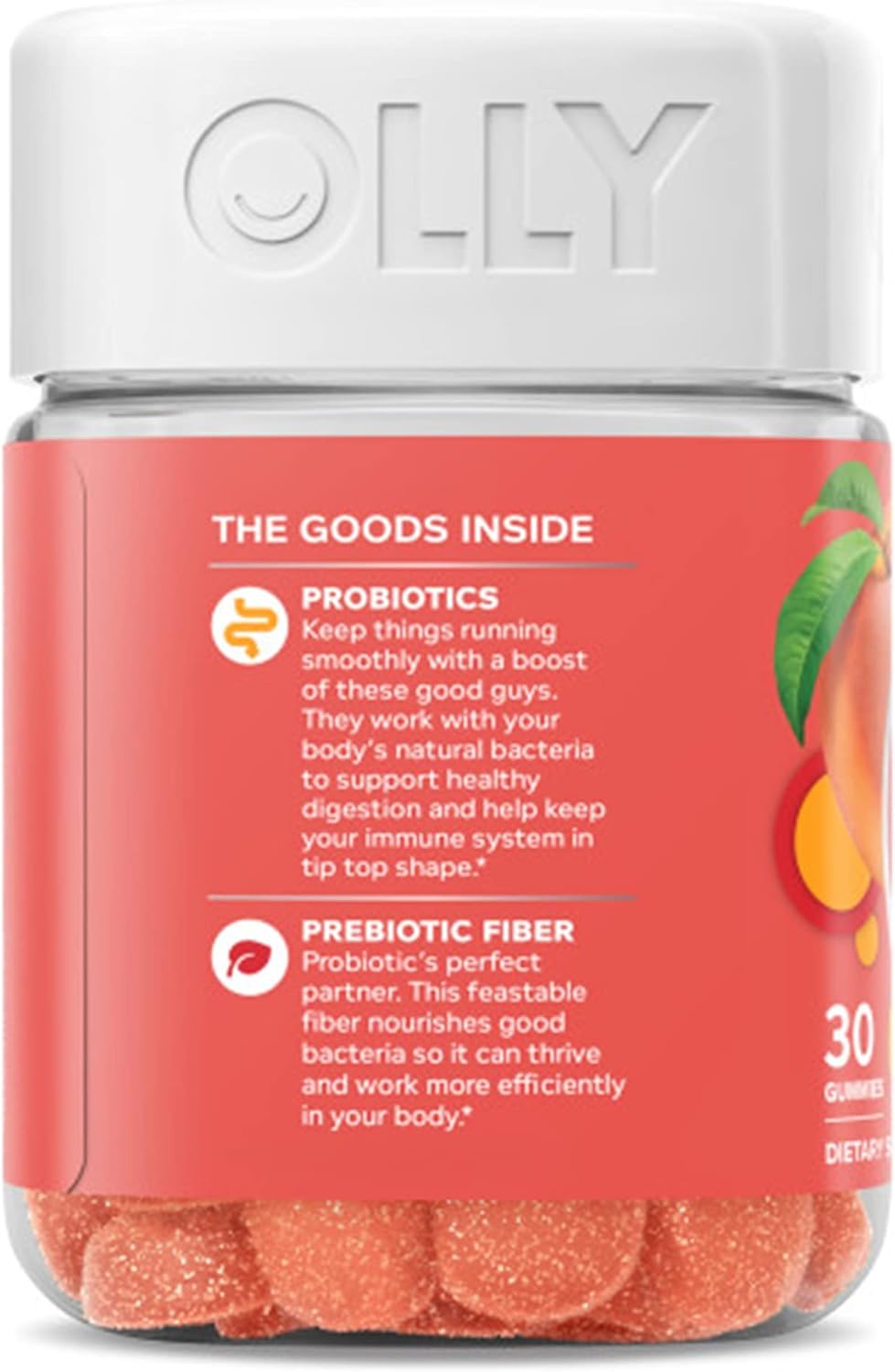 Peach Flavored Probiotic and Prebiotic Gummy for Digestive Support - 30 Day Supply with 500 Million CFUs and Fiber - Men and Women's Chewable Supplement