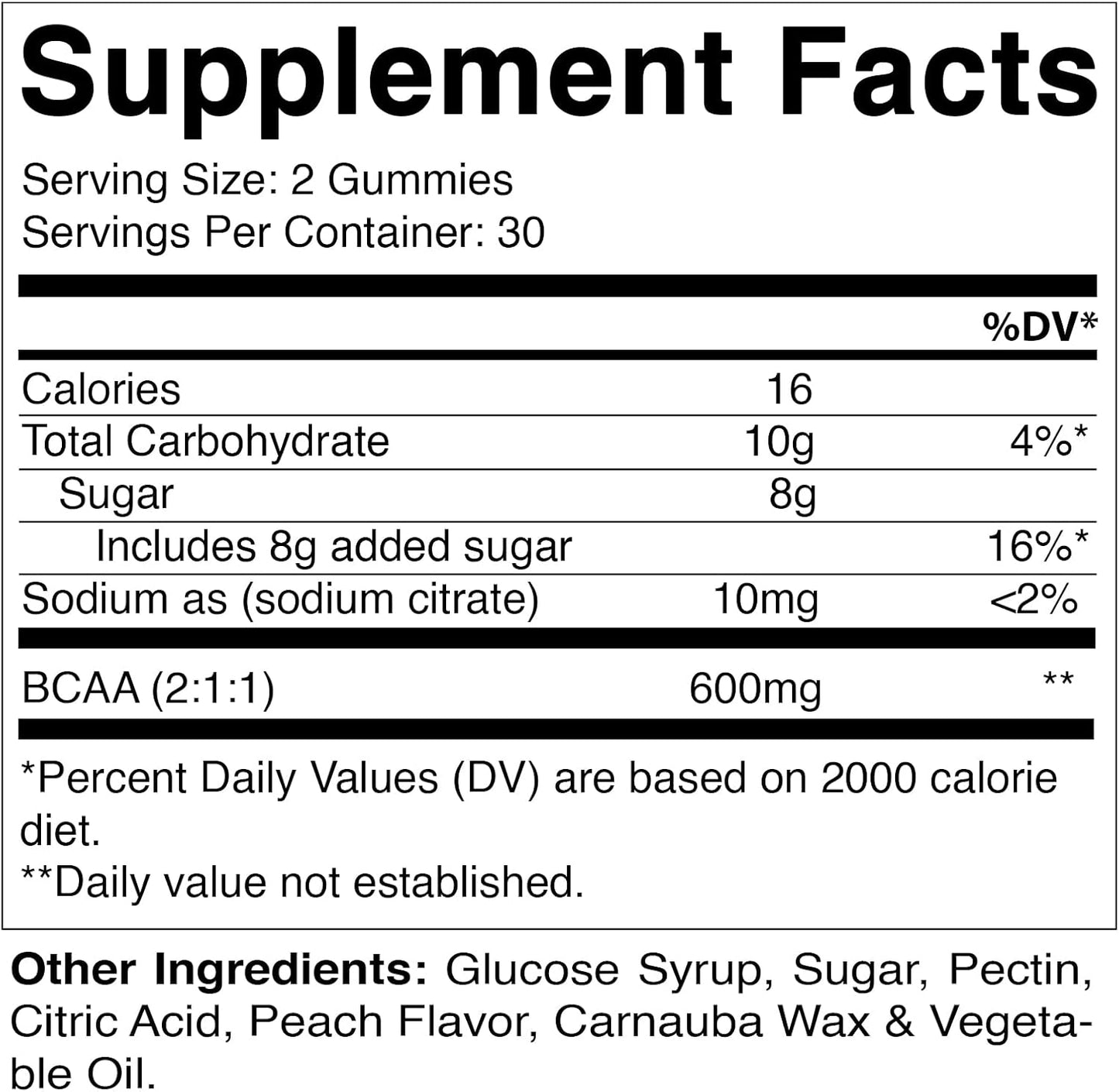 Peach Flavored Vegan BCAA Gummies - 600mg per Serving - 60 Count - Branch Chain Amino Acid Supplement