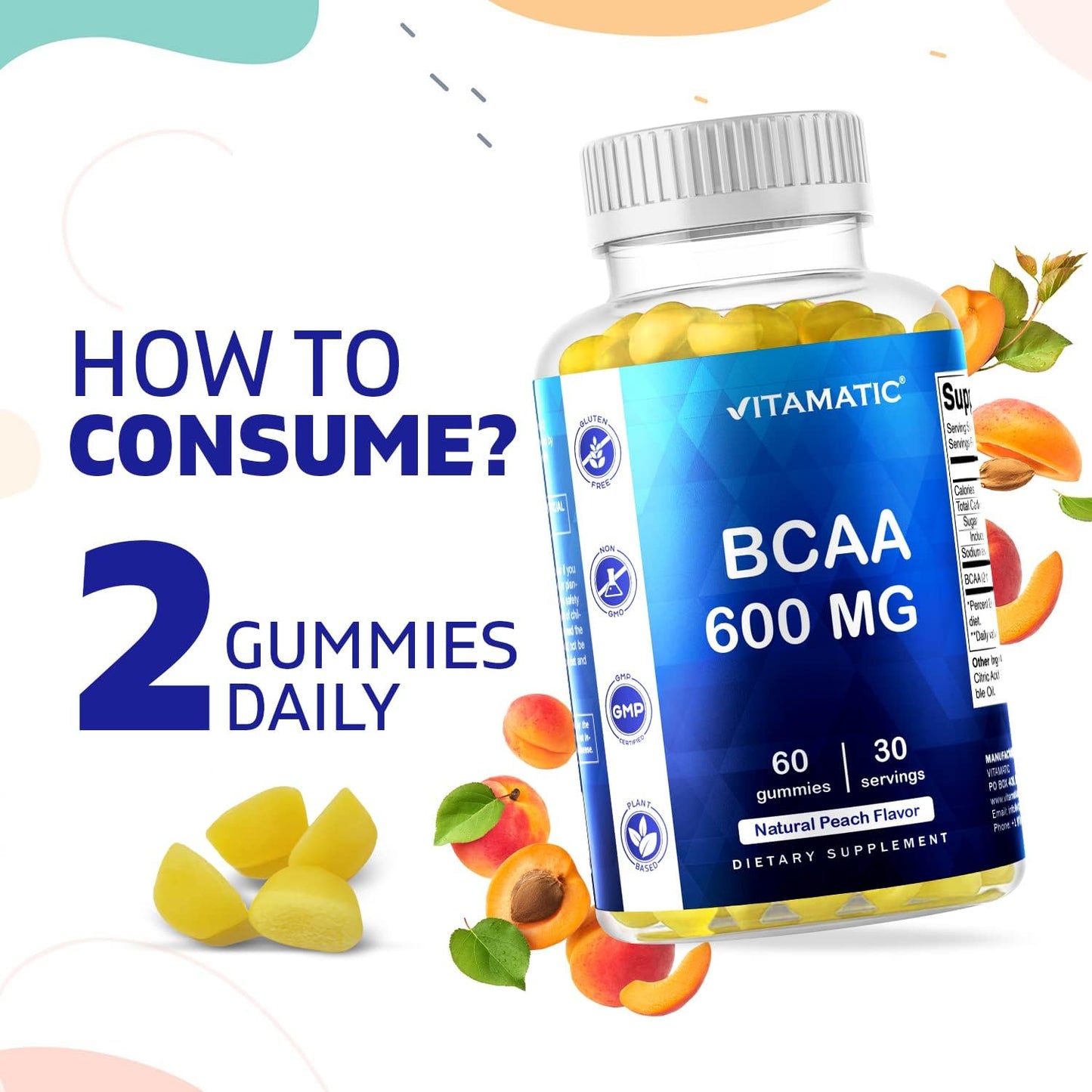 Peach Flavored Vegan BCAA Gummies - 600mg per Serving - 60 Count - Branch Chain Amino Acid Supplement