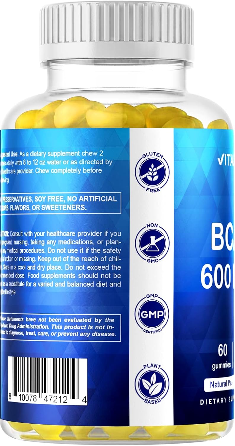Peach Flavored Vegan BCAA Gummies - 600mg per Serving - 60 Count - Branch Chain Amino Acid Supplement